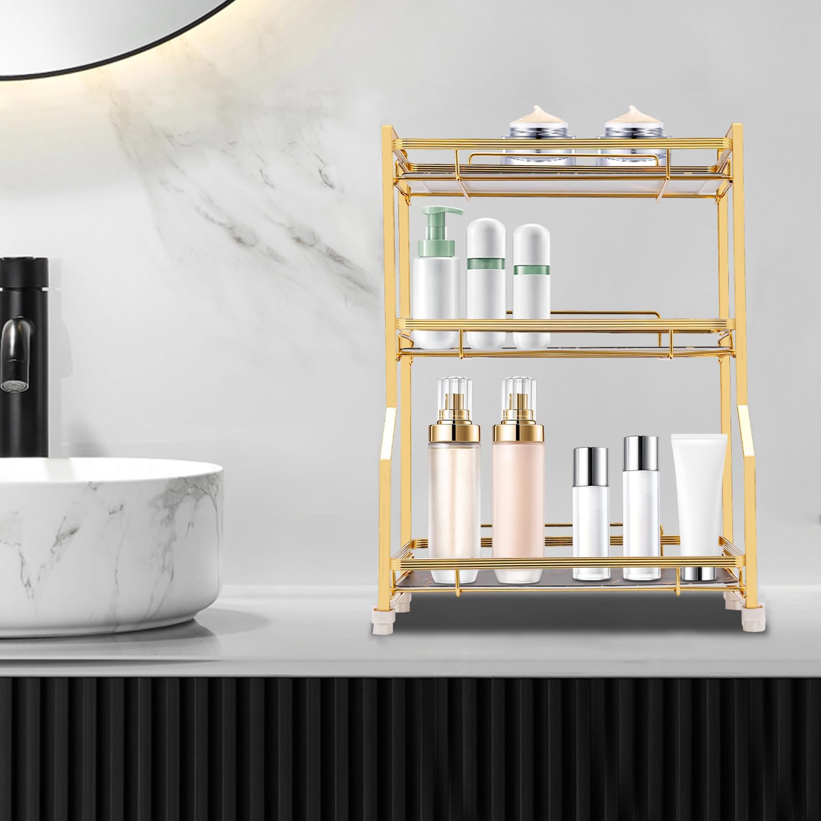 3 Tier Bathroom Organizer Rack, Supporto cosmetico Resistente con Design in Marmo, Supporto per l'esposizione del Profumo Resistente alla ruggine per la Piattaforma di vanità, Soluzione di stoccaggio