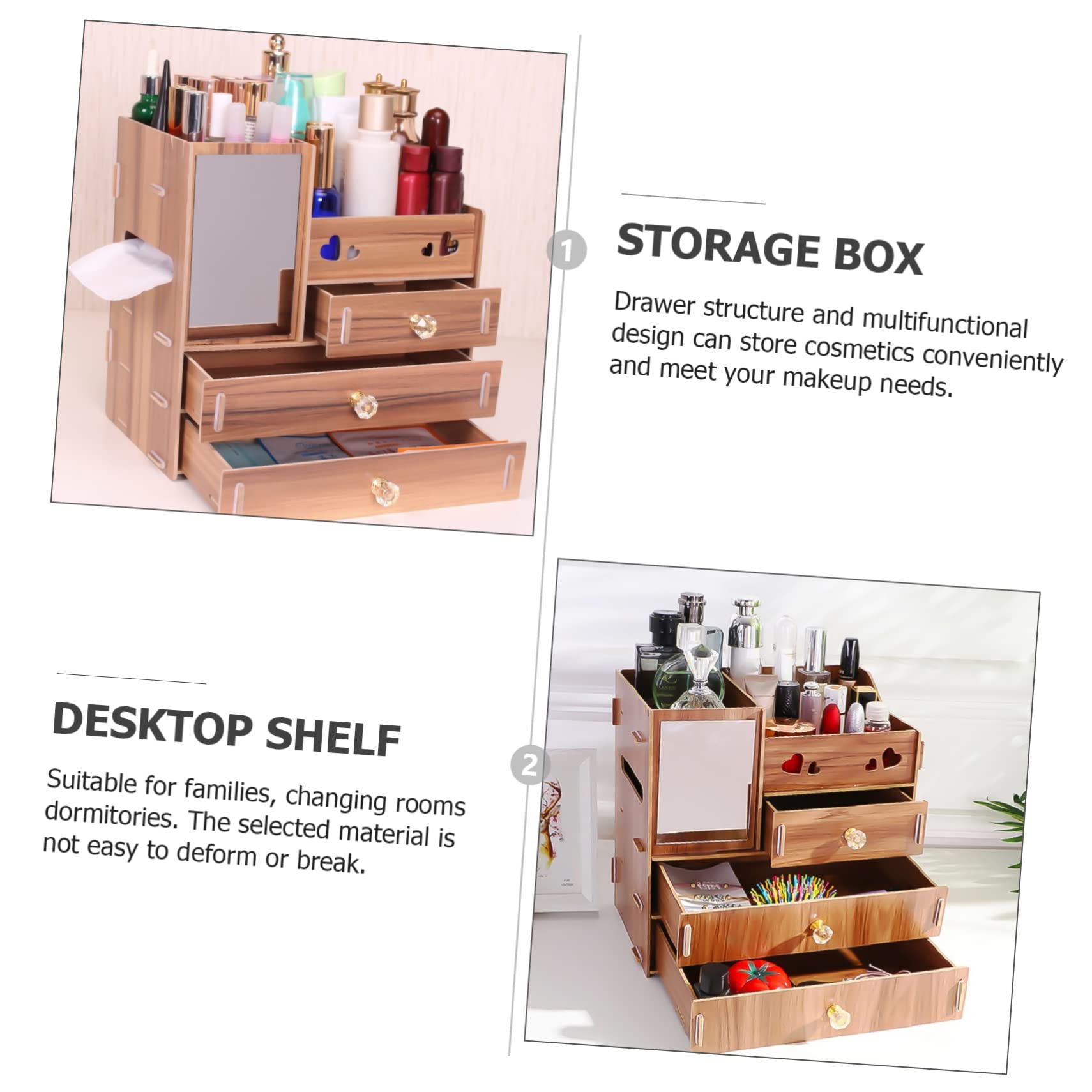 Holz Kosmetikaufbewahrungsbox mit Spiegel und Schublade für Schreibtisch