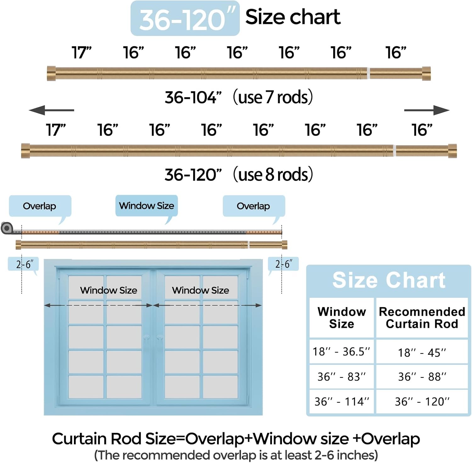 VOIIY Gold Curtain Rods for Windows 66 to 120 Inch(5.5-10 Feet),1" Diameter Drapery Rods with Modern Style End Cap Finials,Size:36-120 Inch,Warm Gold