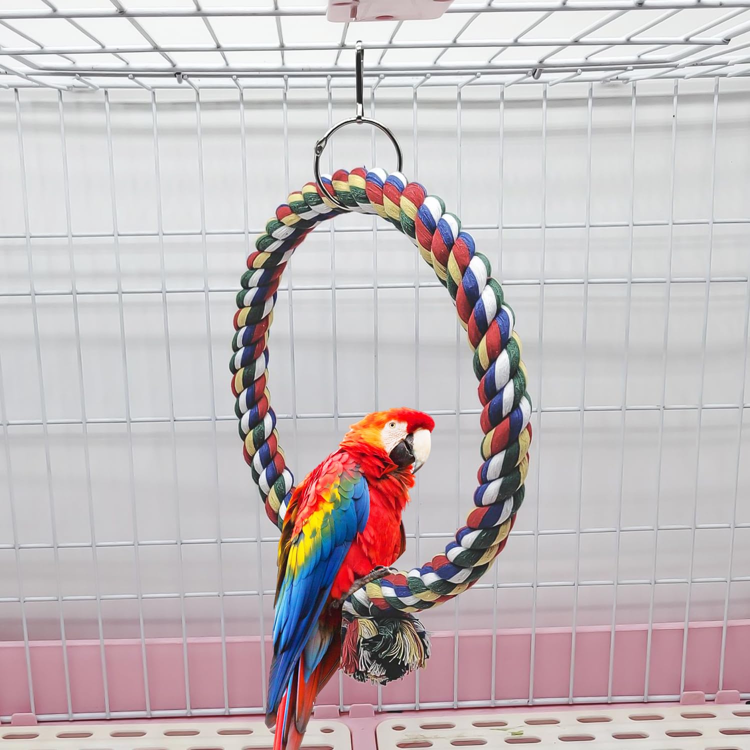 HOMURY 2 Paquetes Juguetes de Pájaro: 150cm Espiral Cuerda Columpio de algodón Cuerda para Escalar de PáJaros, 18 cm de diámetro Pájaro Colgante Perchas de Anillo para Loros, Juguetes para Loros