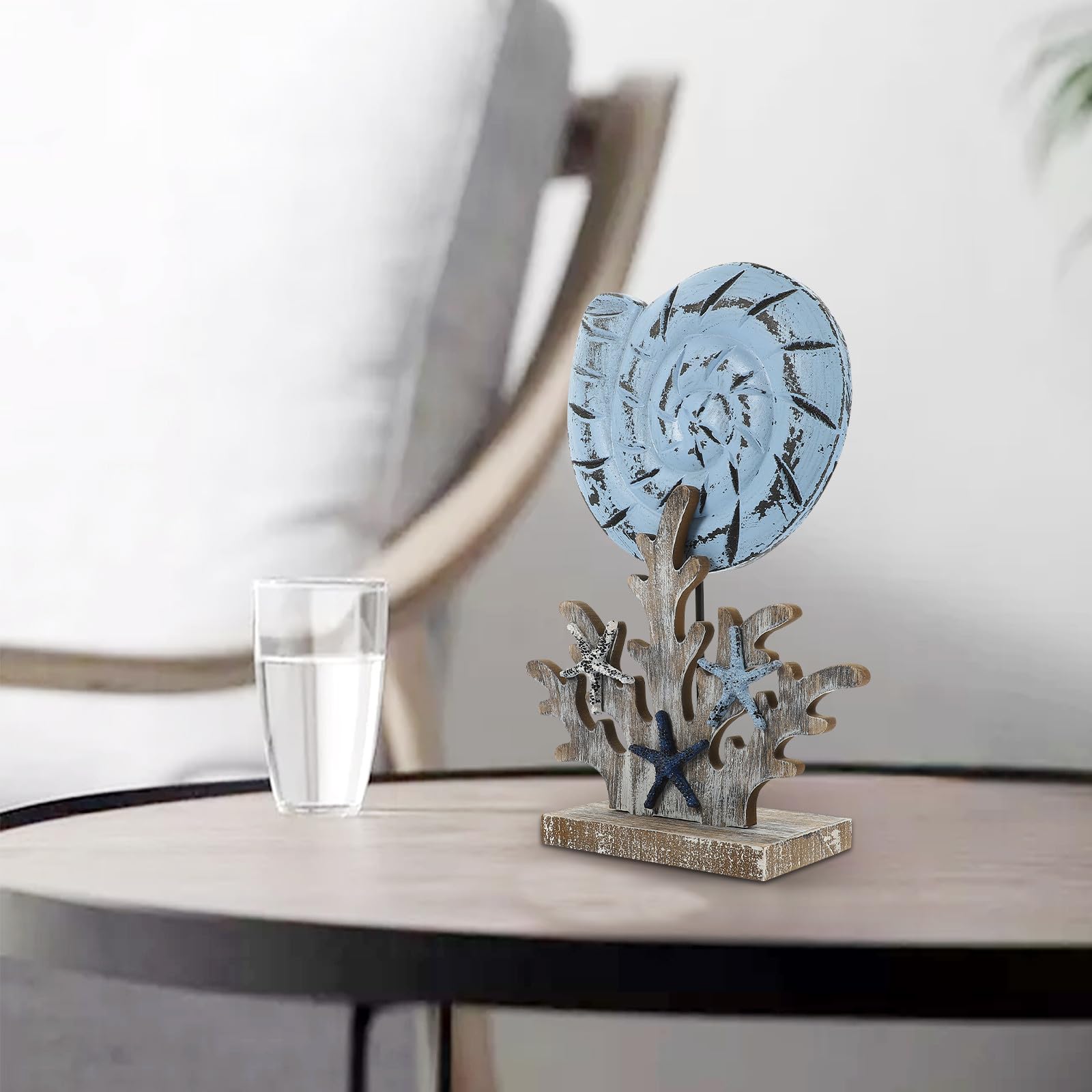 Beavorty Adorno Mediterráneo de Madera Diseño de Concha y Base Estable para Decoración Verano Decoración Temática Oceánica y Creativa