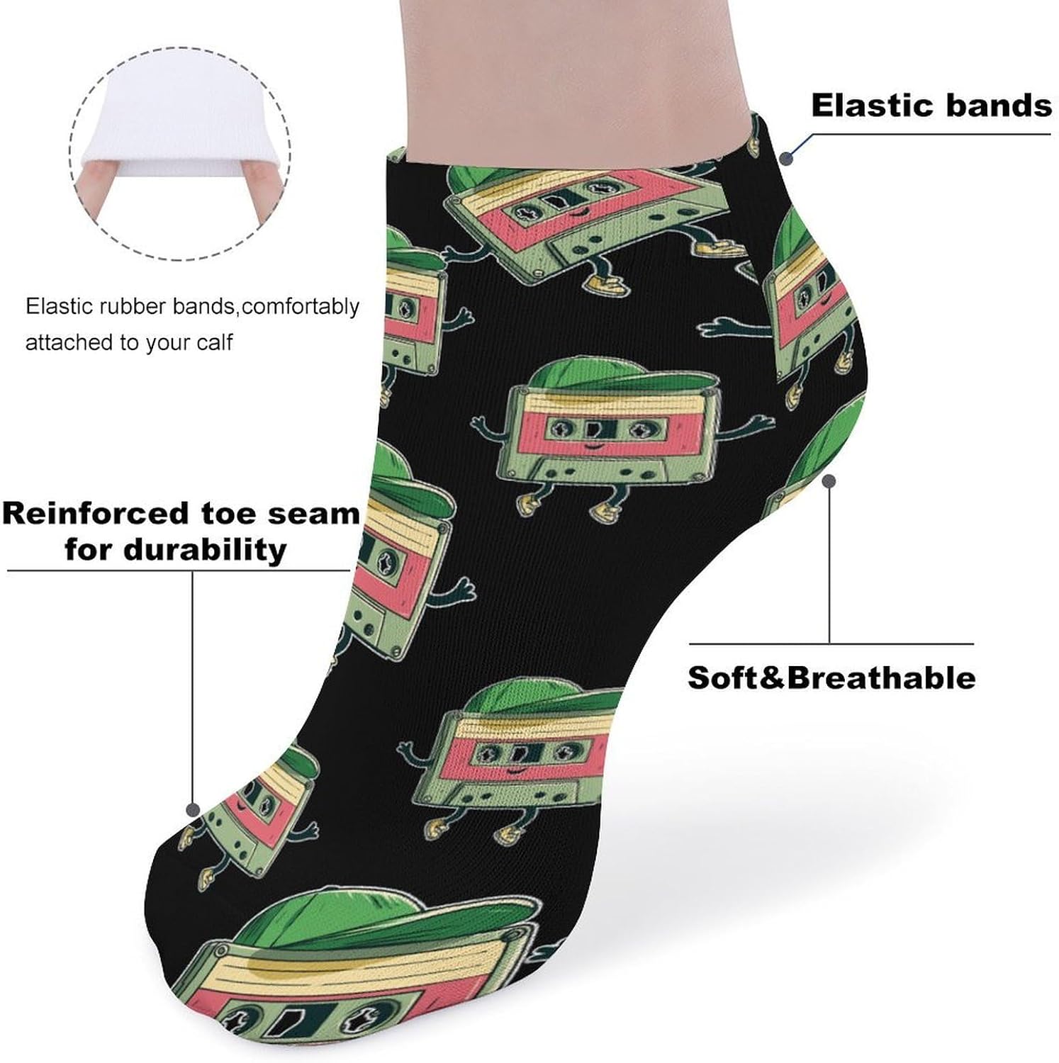 Dancing Cassette Tape No Show Ankle Socks Low Cut Non Slip Flat Boat Line 5 Pairs Set