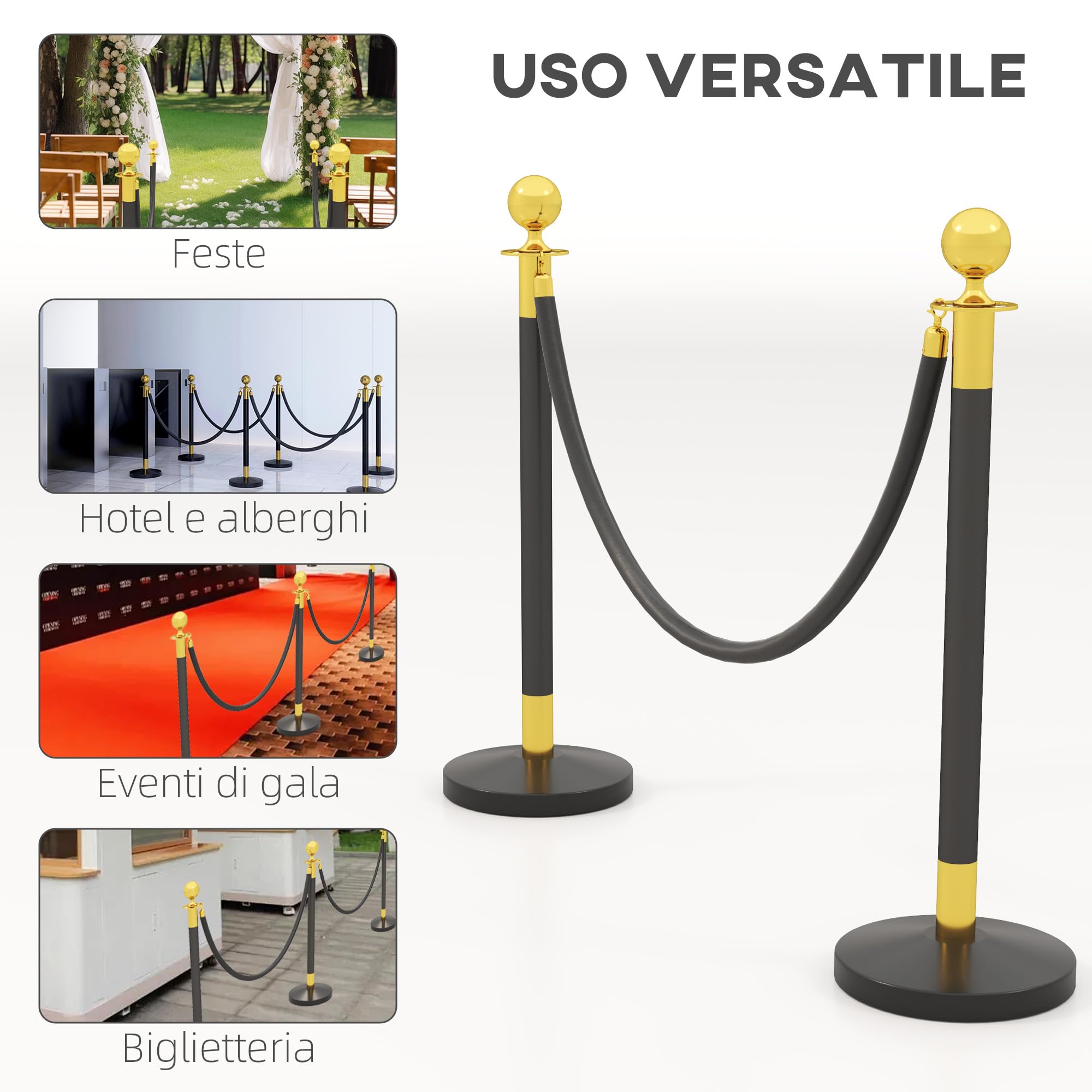 HOMCOM Colonnine Segnapercorso con Corda Vellutata di 1.5 m e Base Riempibile, Paletti Delimitazione Transenna Eliminacode in Acciaio Inox, per Hotel e Ristorante, Ø32x96 cm, Nero