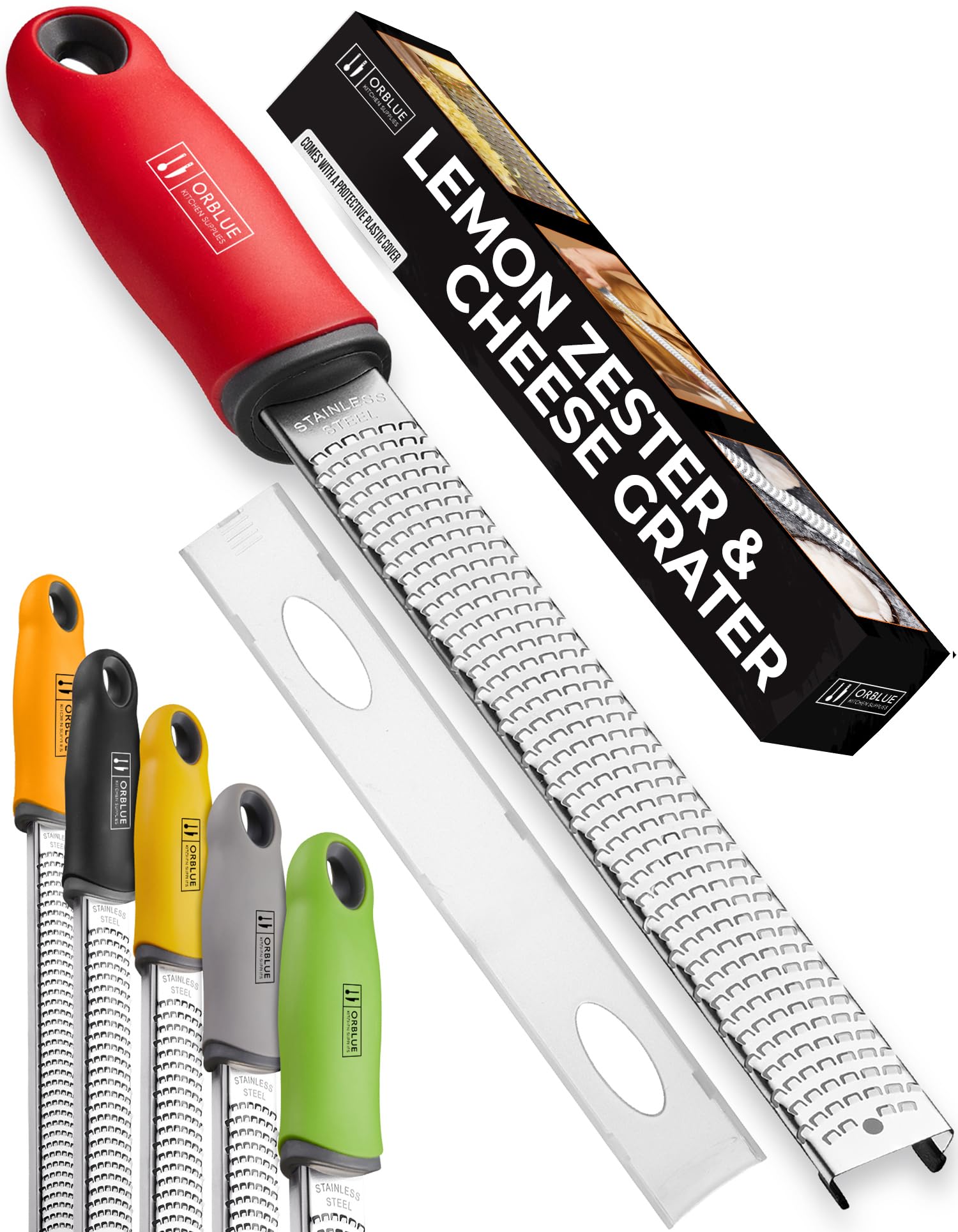Orblue Lemon Zester &amp; Cheese Grater - Premium Citrus Zester, Kitchen Grater for Parmesan, Chocolate, Fruits, Vegetables, Ginger, Garlic, Nutmeg - Stainless Steel Blades with Protective Cover, Red