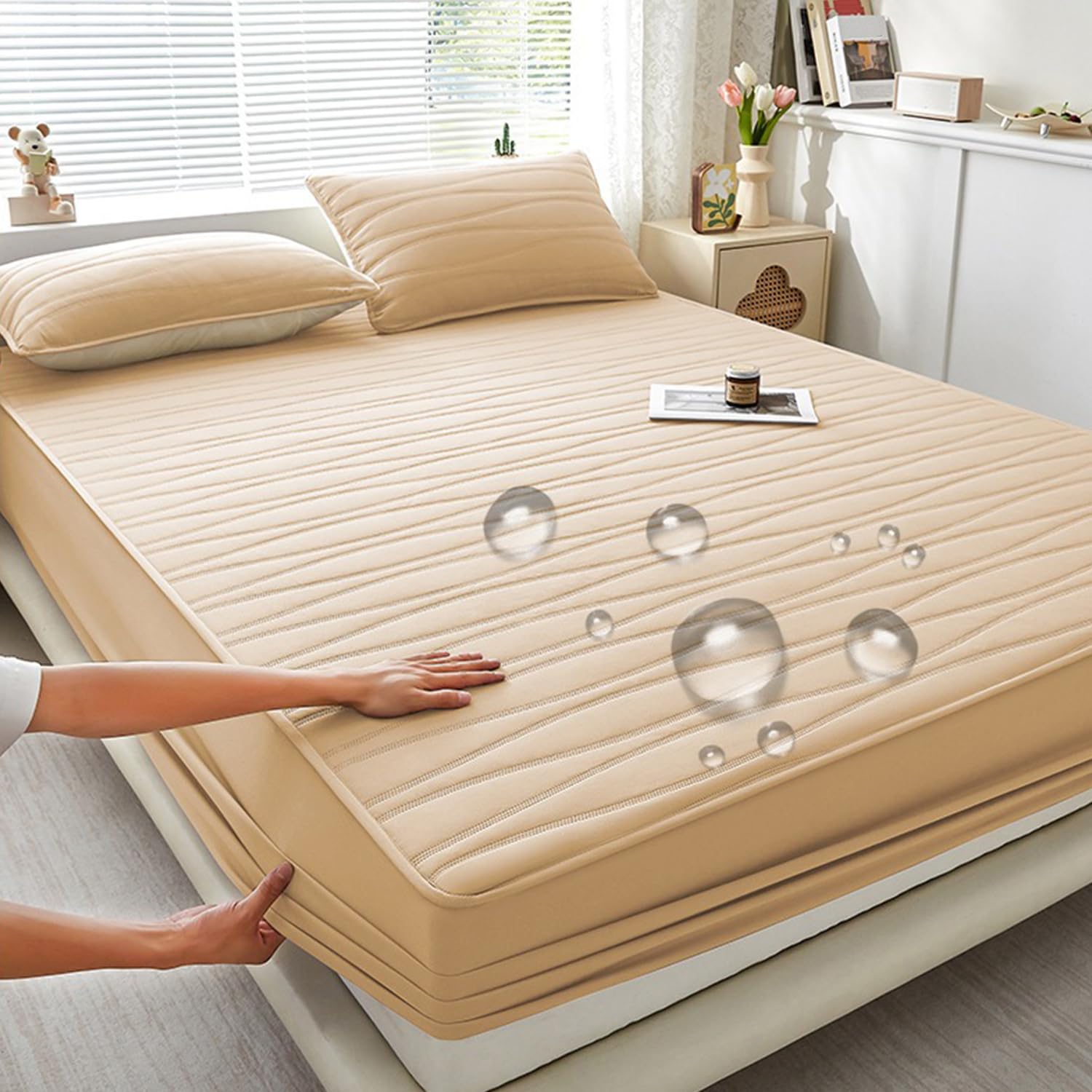 LDLCYCN ,B/khaki,150 * 200cm/QUEEN, 100% Waterproof Mattress Protector Cover Queen Size Quilted Fitted Sheet