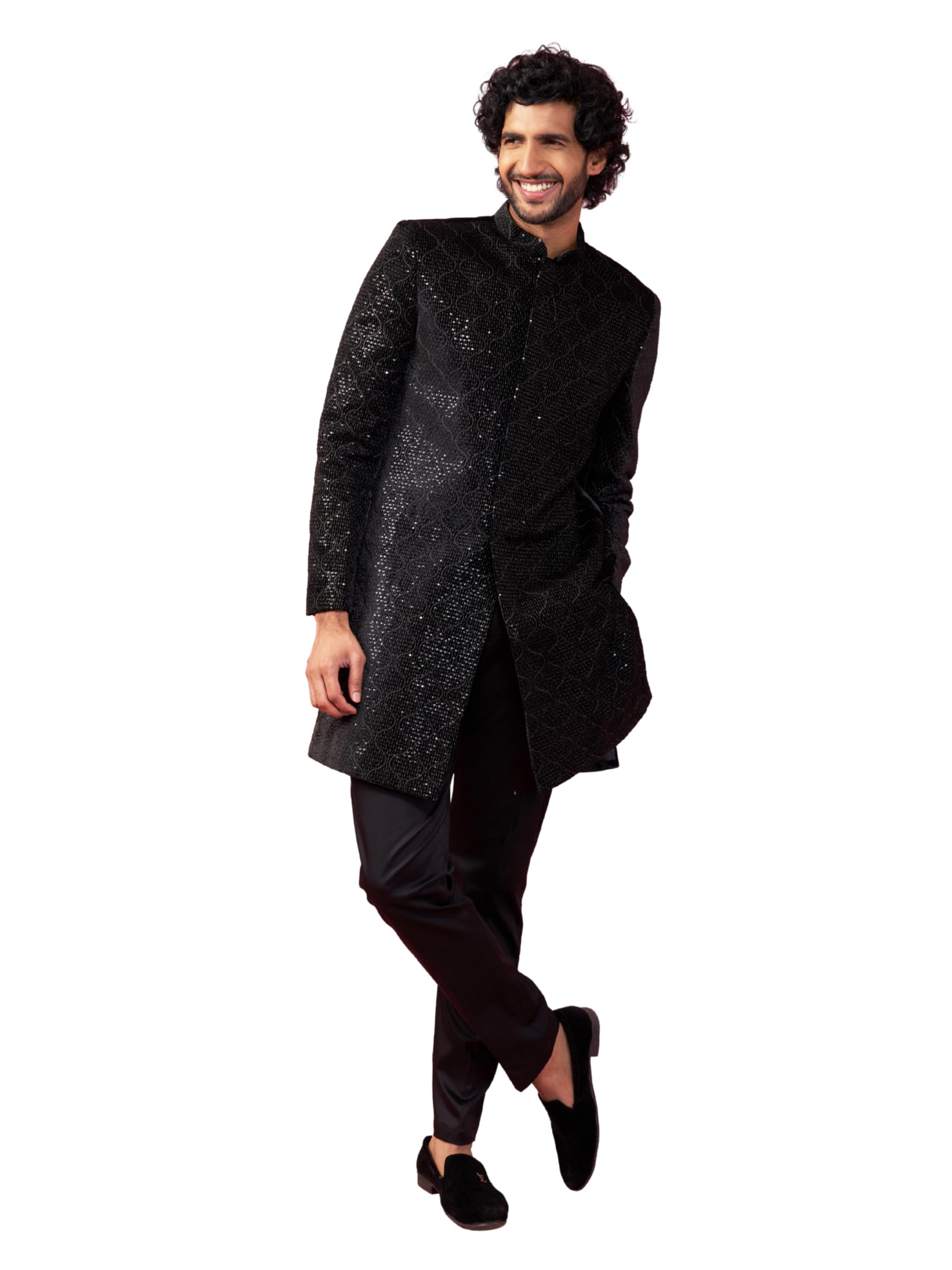 Men's Velvet Sherwani Set - Velvet Sequined Embroidered Indo Western And Pyjama Set-image-7