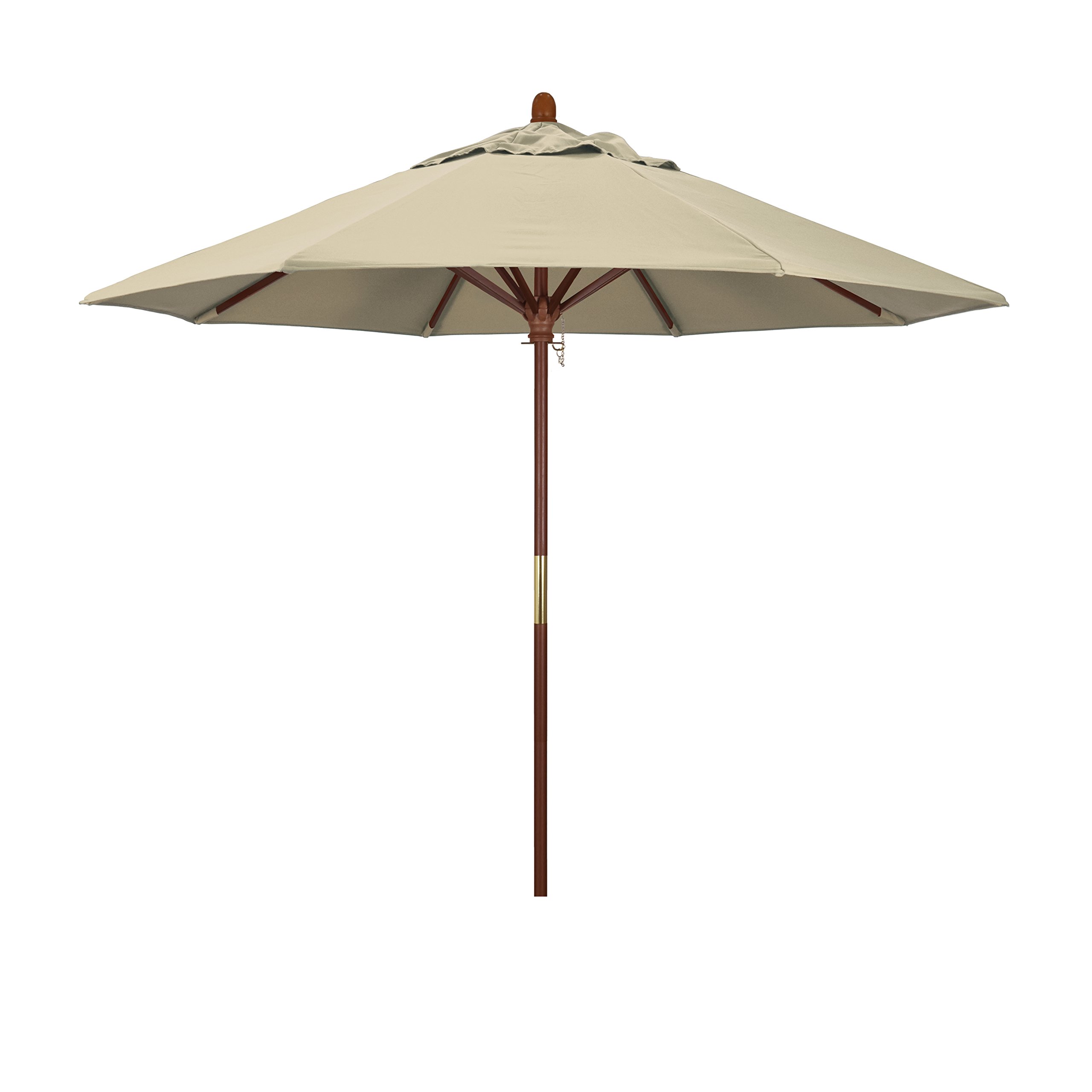 California Umbrella 9' Rd. Wooden Market Umbrella, Push Open Pin Stop , Sunbrella Antique Beige
