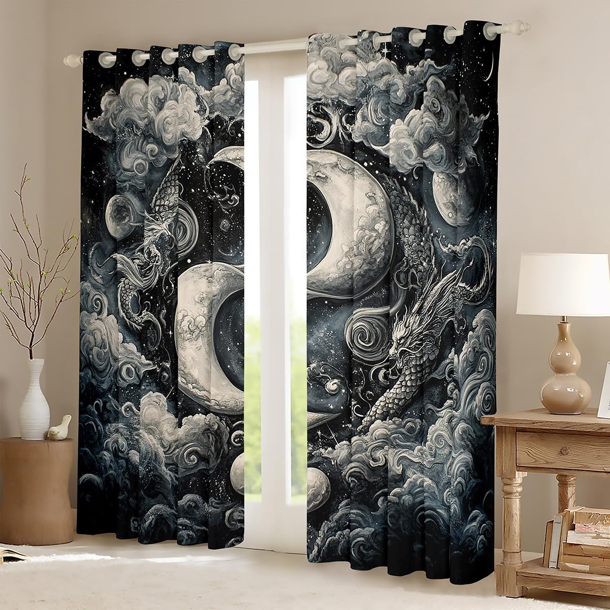 Erosebridal Black Dragon Tai Chi Curtain - Premium Dragon Animals Window Curtains,Auspicious Clouds & Bagua Symbol Window Treatments,Chinese Imperial Style Curtains & Drapes 38''Wx45''L,2 Panels