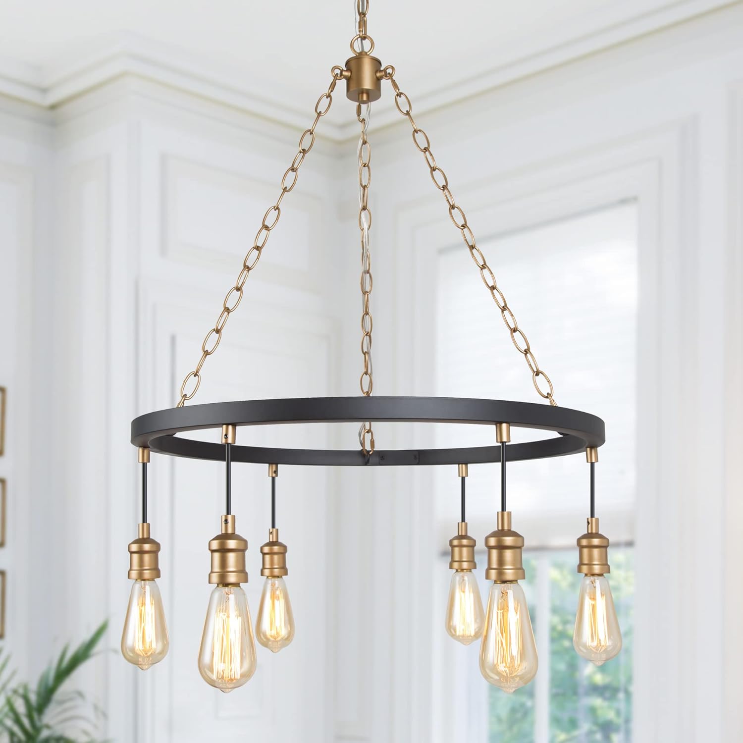 LALUZ Modern Farmhouse Chandelier, 6-Light Wagon Wheel Chandelier, Black Gold Round Hanging Light Fixture for Dining & Living Room, Bedroom, Kitchen, Foyer