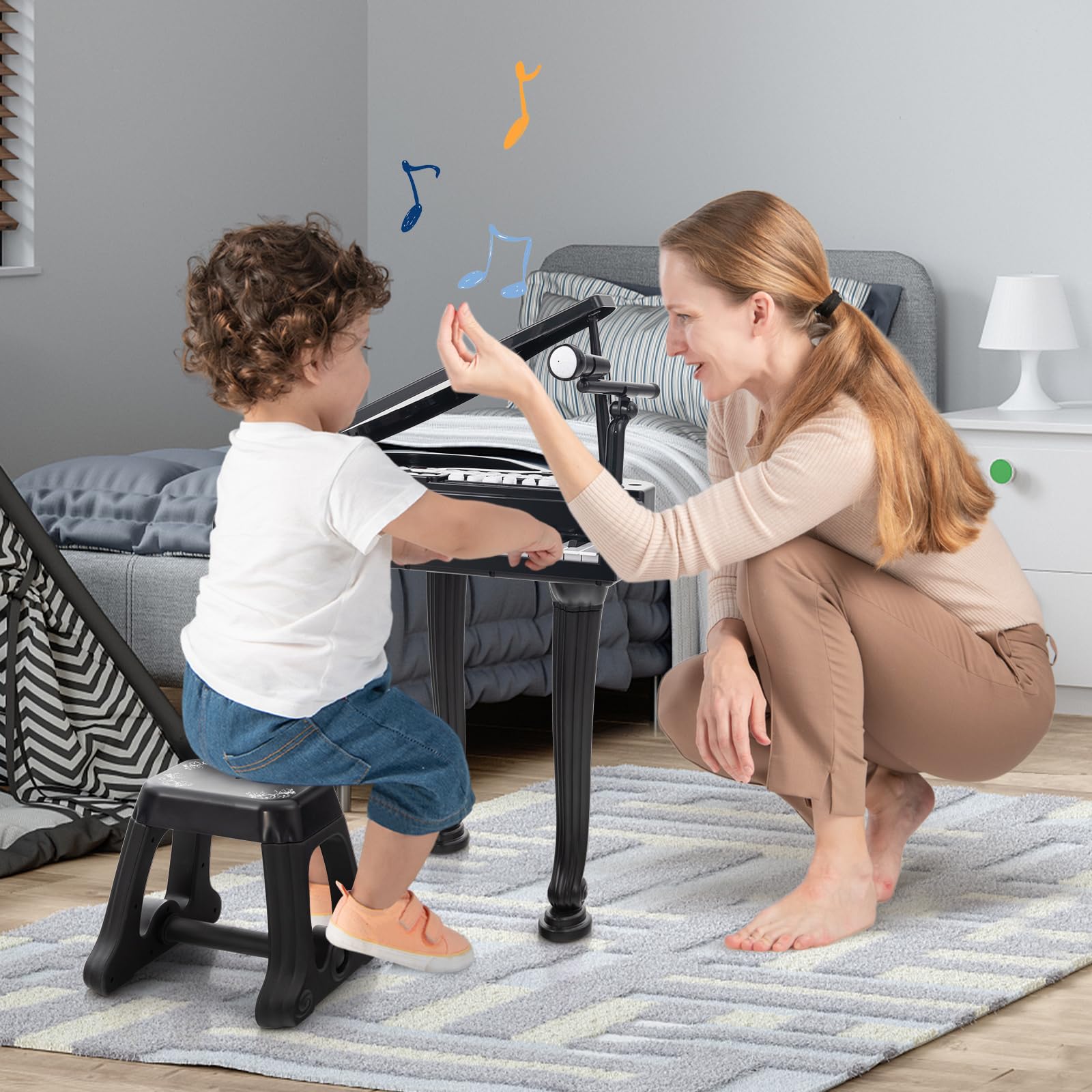 KOMFOTTEU Set di pianoforte per bambini, 37 tasti, pianoforte elettronico con microfono e sgabello, tastiera per pianoforte elettronica con 8 effetti di percussione e stili di accompagnamento