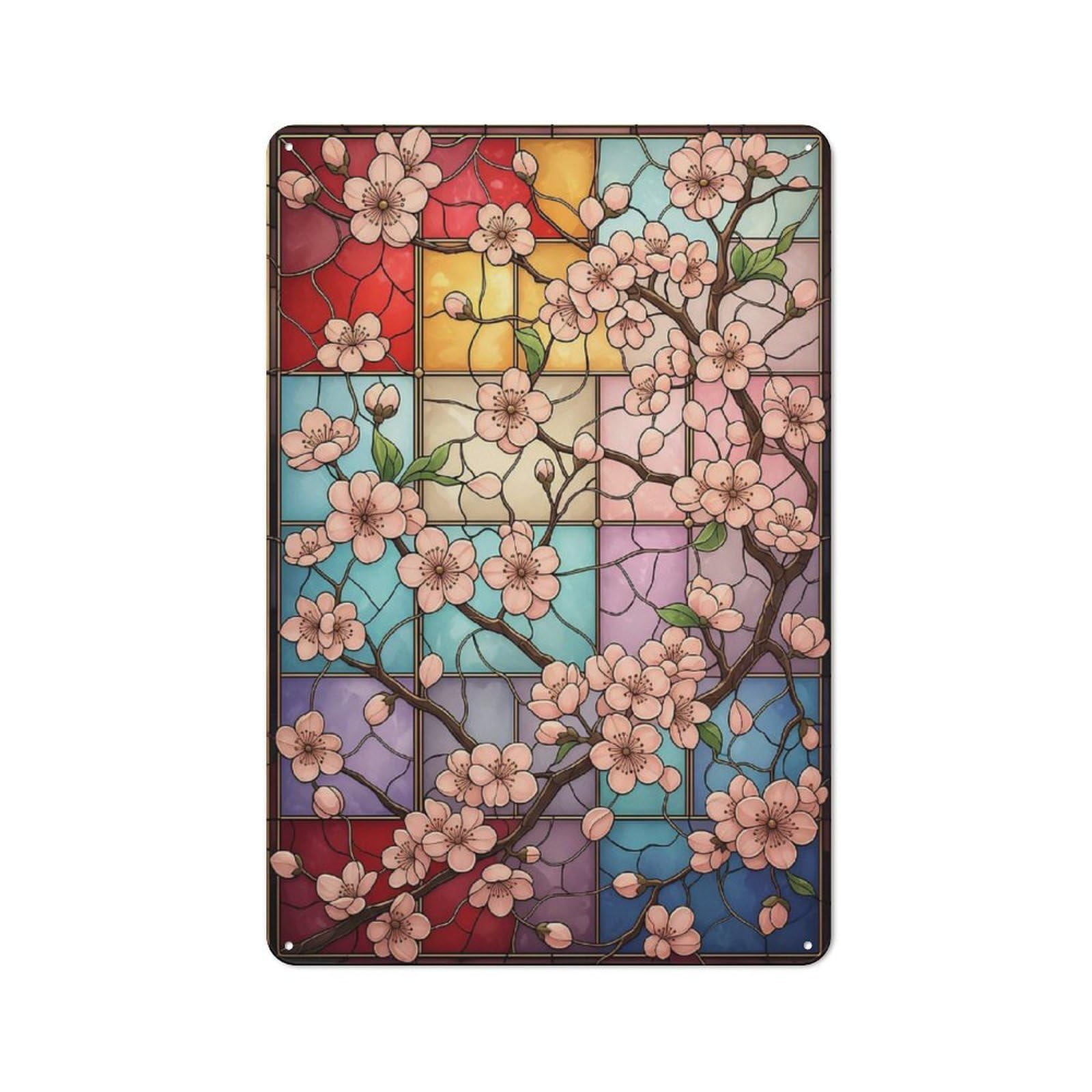 Junmoney Style-8 Tin Wall Plaque 30X20cm With Stained Glass Light Cherry Blossom For Living Room Or Hallway, For Vintage Wall Decor Fans, For Themed Room Decoration
