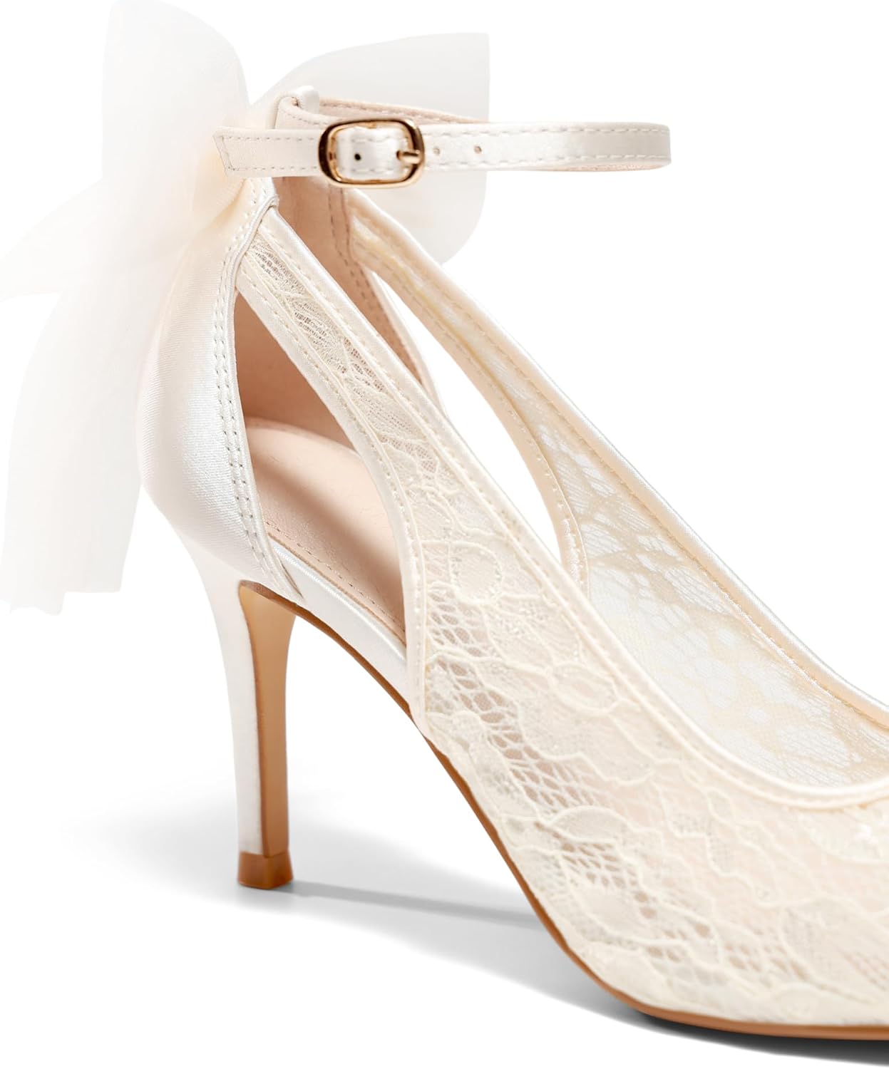 Coutgo Womens Lace High Heels Closed Pointed Toe Stiletto Pumps Bow Tie Ankle Strap Wedding Party Dress Shoes - Image 6