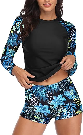 Daci Women Leaf Print Rash Guard Long Sleeve Swimsuits UV UPF 50+ Swim Shirt Bathing Suit with Built in Bra S