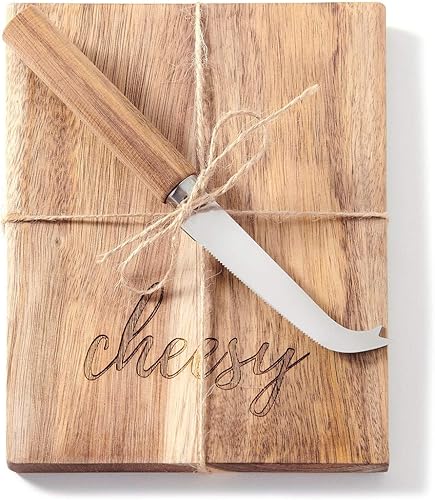 Giftcraft 093861 - Juego de 2 cuchillos y tabla de queso, madera de acacia y acero inoxidable