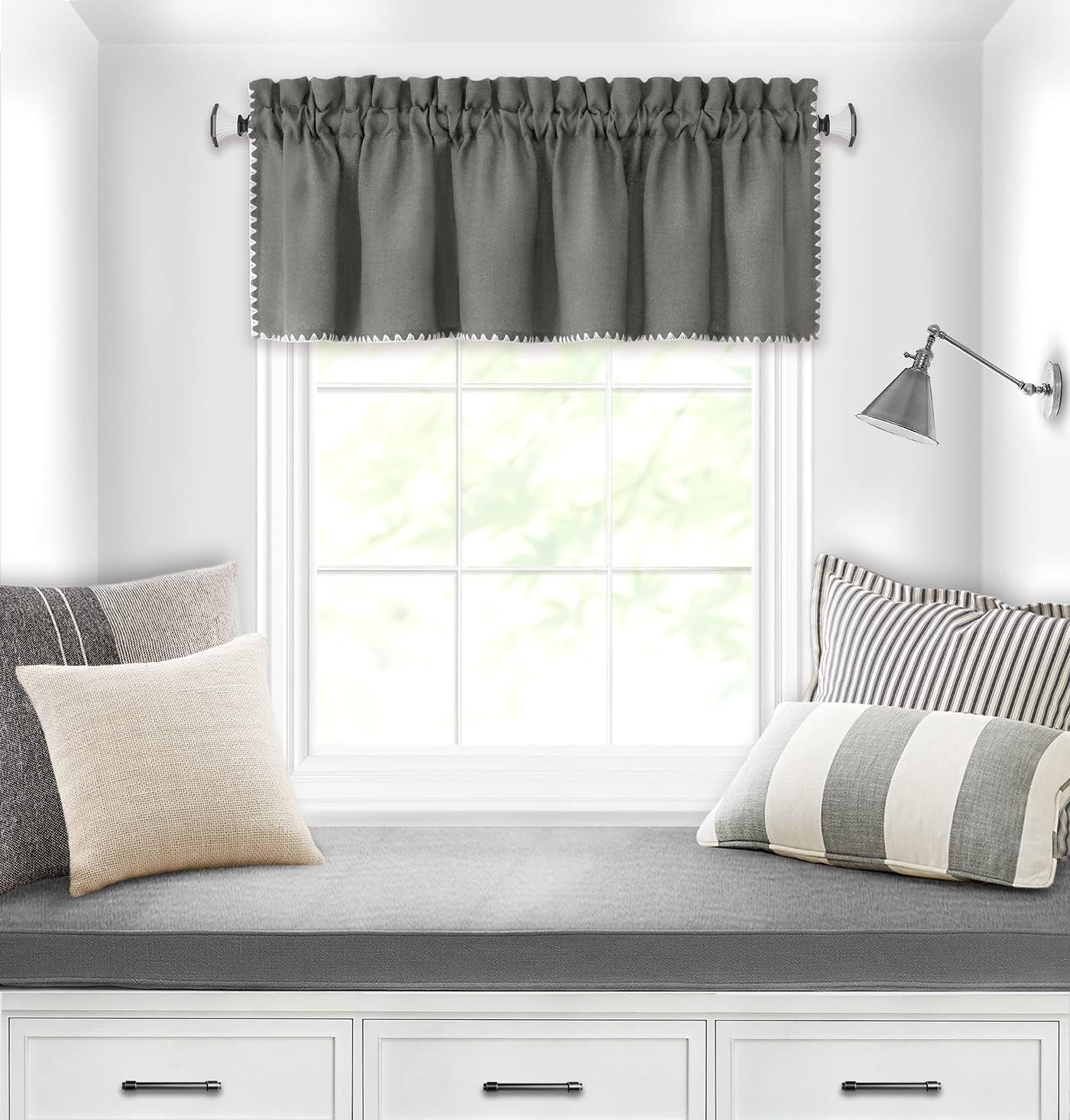 ACHIM Kendal Window Curtain Valance - 58 Width, 14 Length, 1.5 Inch Rod Pocket - Grey/White - Ultra-Soft Light Filtering Fabric with Shell Stitch Embroidery & Machine Washable Home Decor