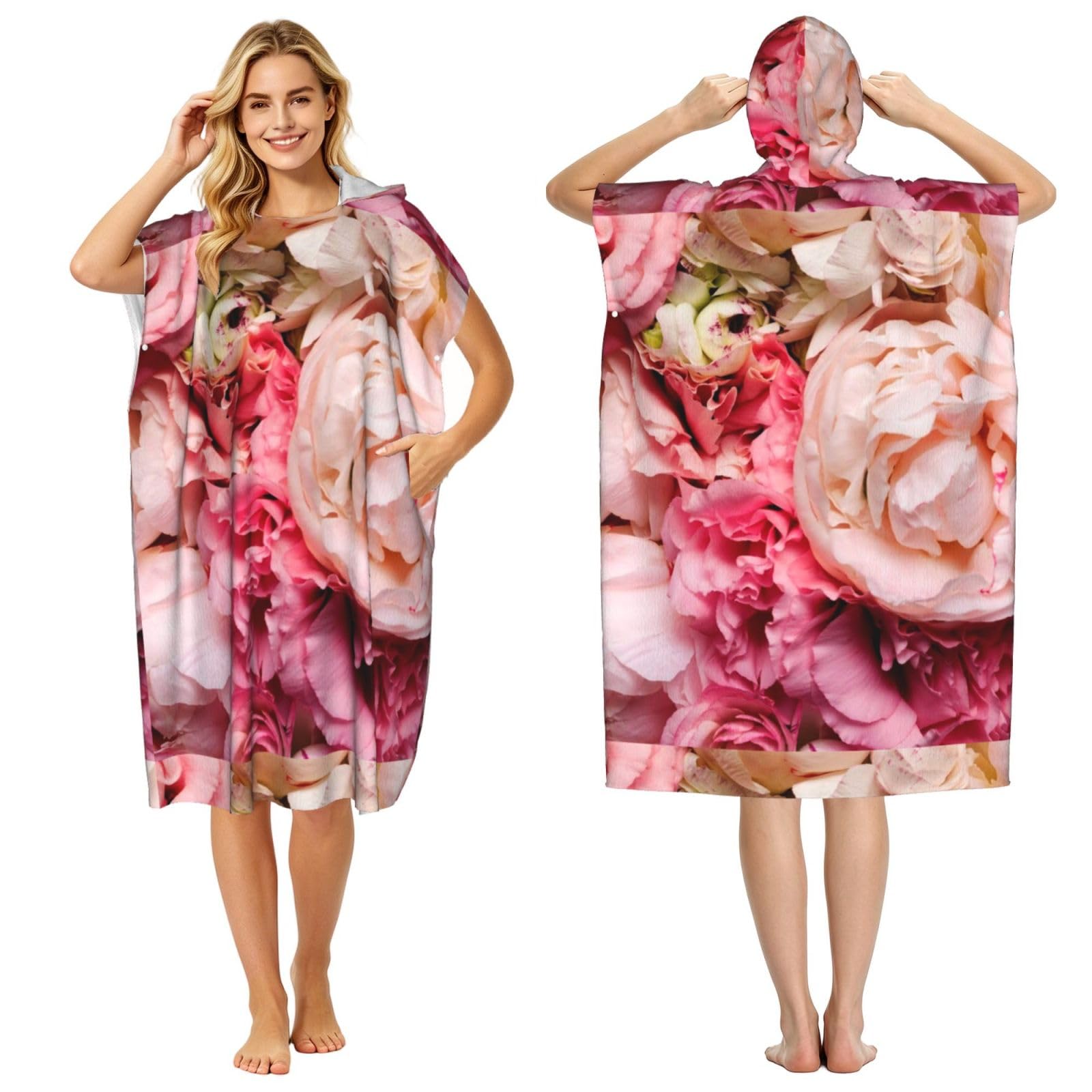 Poadnly Peony, Adult Hooded Beach Towel 90 x 110 cm,Changing Bath Robe, Surf Poncho Towel For Women Men
