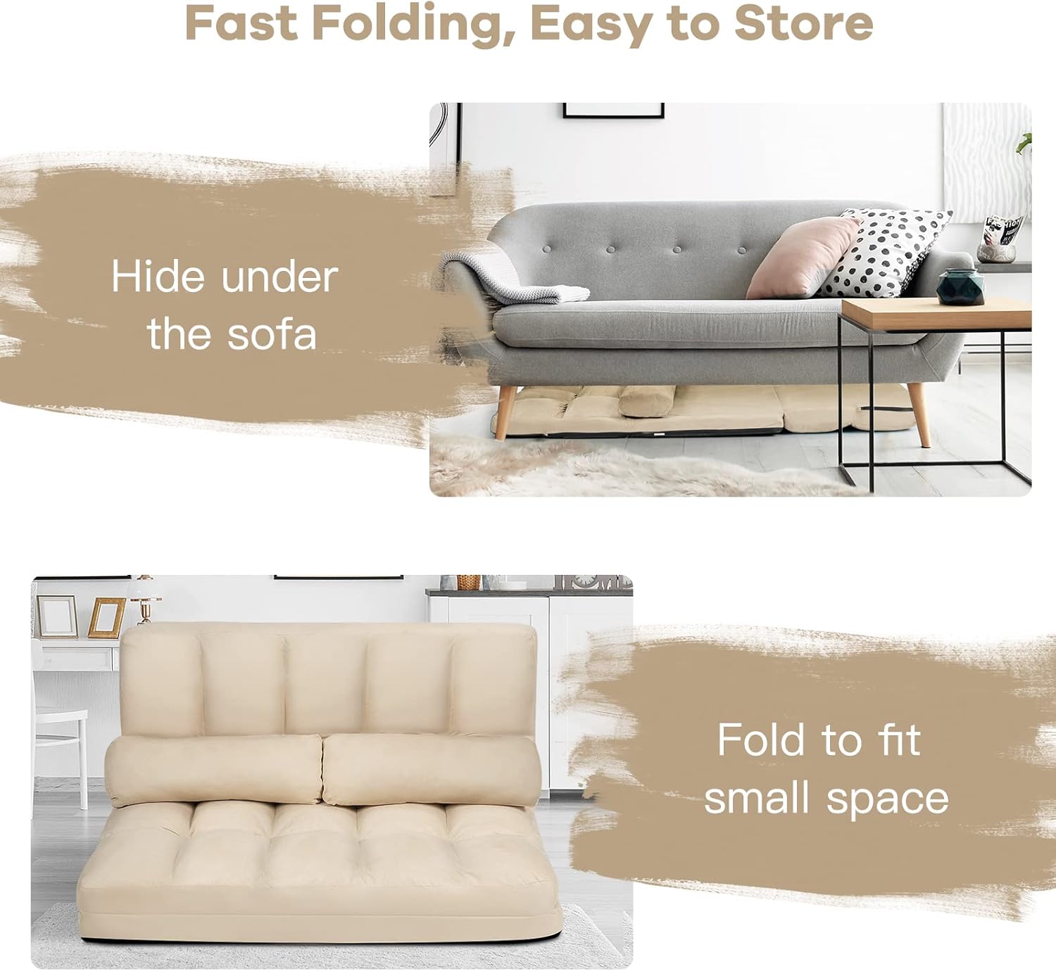 KOMFOTT Adjustable Floor Sofa Bed, Foldable Lazy Sofa Sleeper with 6 Position Backrest & 2 Pillows, Convertible Futon Couch with Suede Cloth Cover, Lounge Recliner for Living Room
