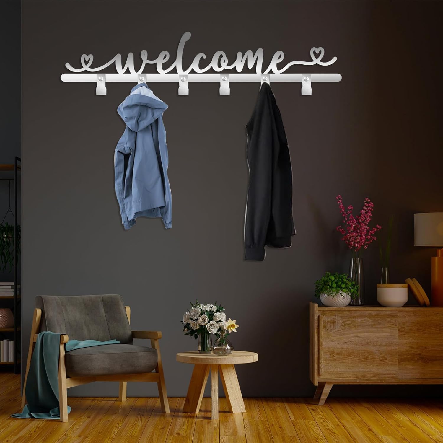 Metal Welcome Coat Rack, Welcome Wall Mount, Welcome Sign Wall Hanger, Keys Holder, Clothes Hook, Entryway Living Room Decor (Black, 6"x35"|16x90cm)