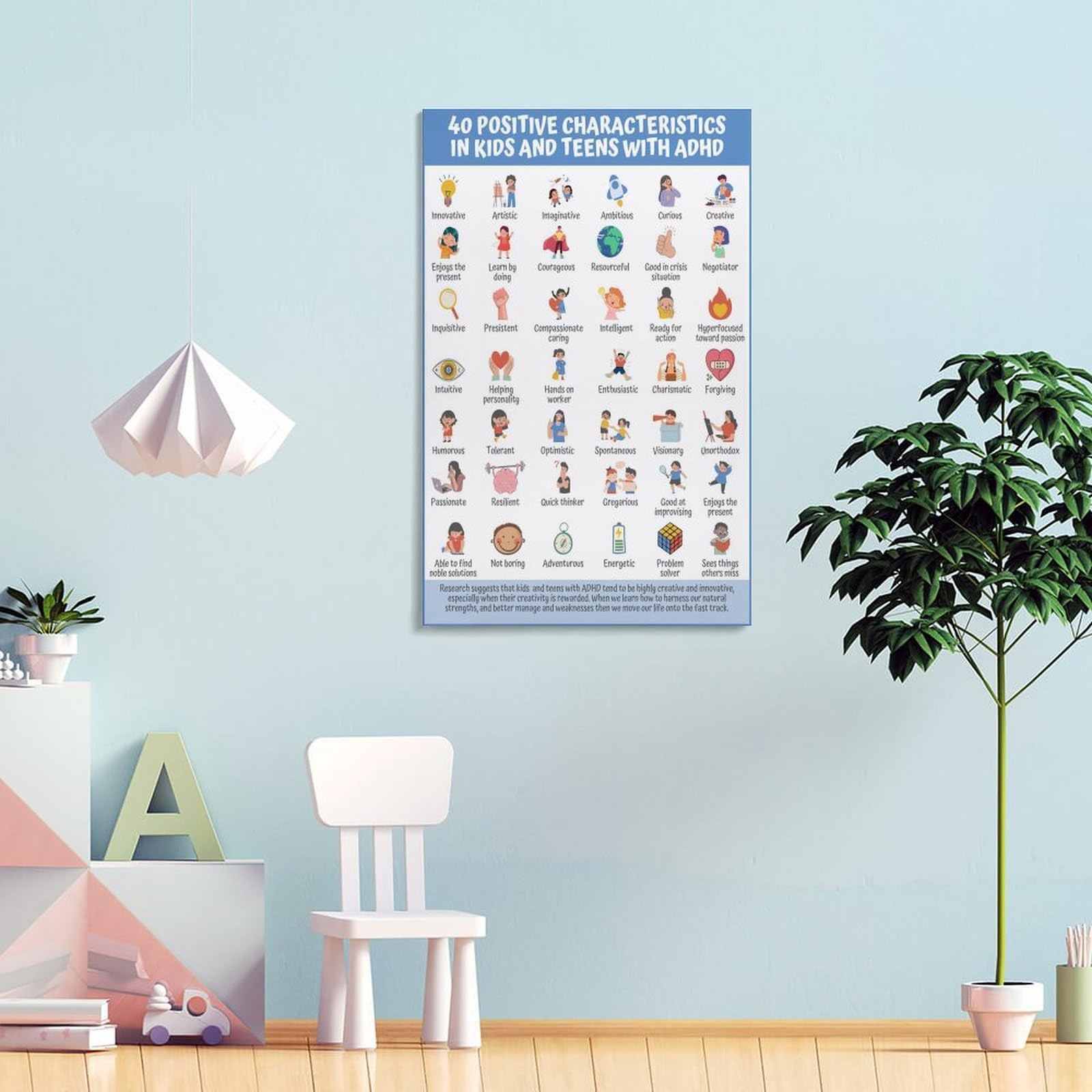 LZTEN Póster de 40 características positivas para niños, adolescentes, TDAH, para niños y adolescentes, estrategia basada en la fuerza, marco de folleto de 40 x 60 cm