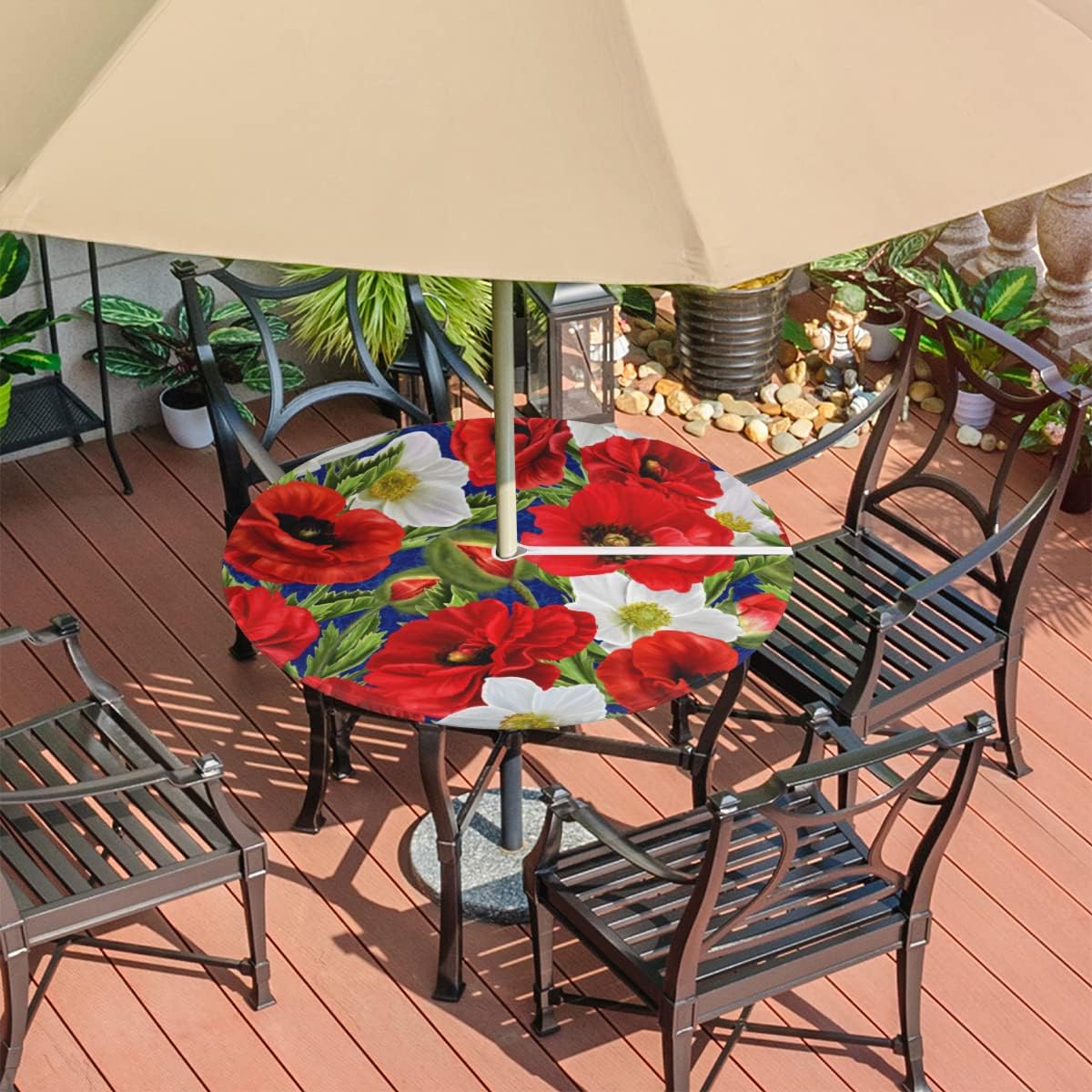 Bardic Outdoor Tablecloth Poppy Round Fitted Table Cover with Zipper and Umbrella Hole, Waterproof Elastic Edged Table Cover for Party, Picnic and Patio, Fits Tables up to 45''-56'' Diameter