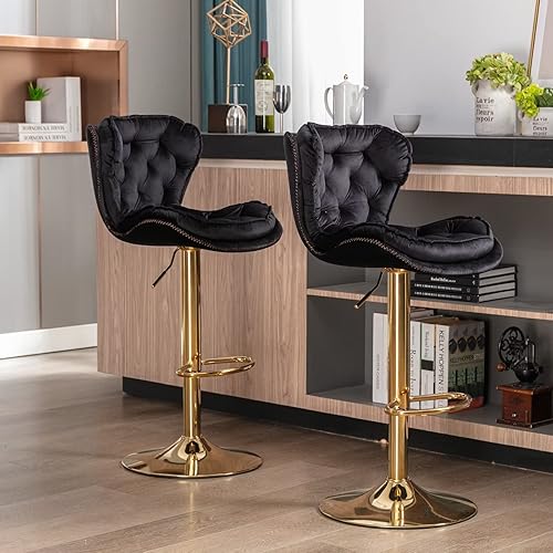 Miniatura 4 de Juego de 2 taburetes de bar giratorios con respaldo curvado y asiento de cojín, sillas de bar ajustables en altura con reposapiés y base de metal,