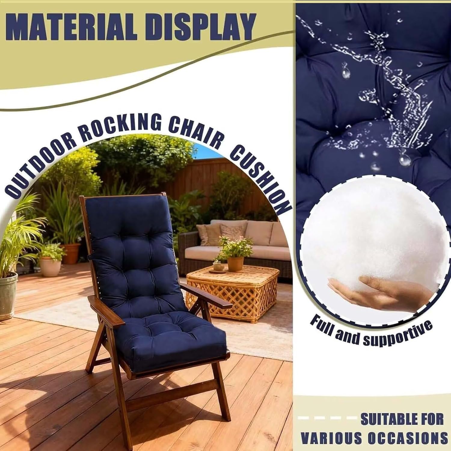 44×20in Outdoor Rocking Chair Cushion Floral Rocker Chair Cushion Replacement with Ties High Back Seat Pads for Patio Furniture Blue Grey