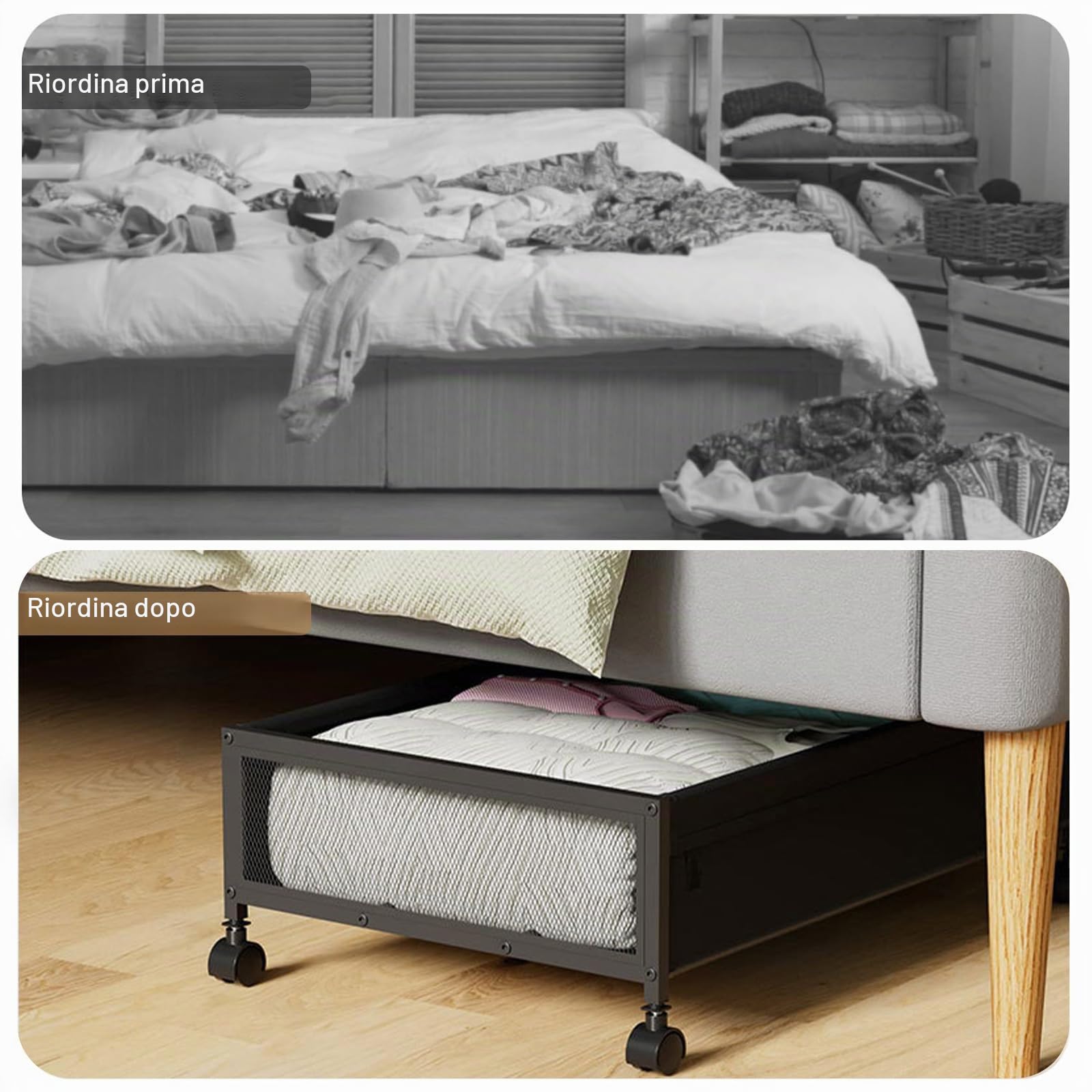 2 contenitori sotto il letto con ruote e coperchio, telaio in metallo, pieghevole, per vestiti, scarpe, coperte, biancheria da letto