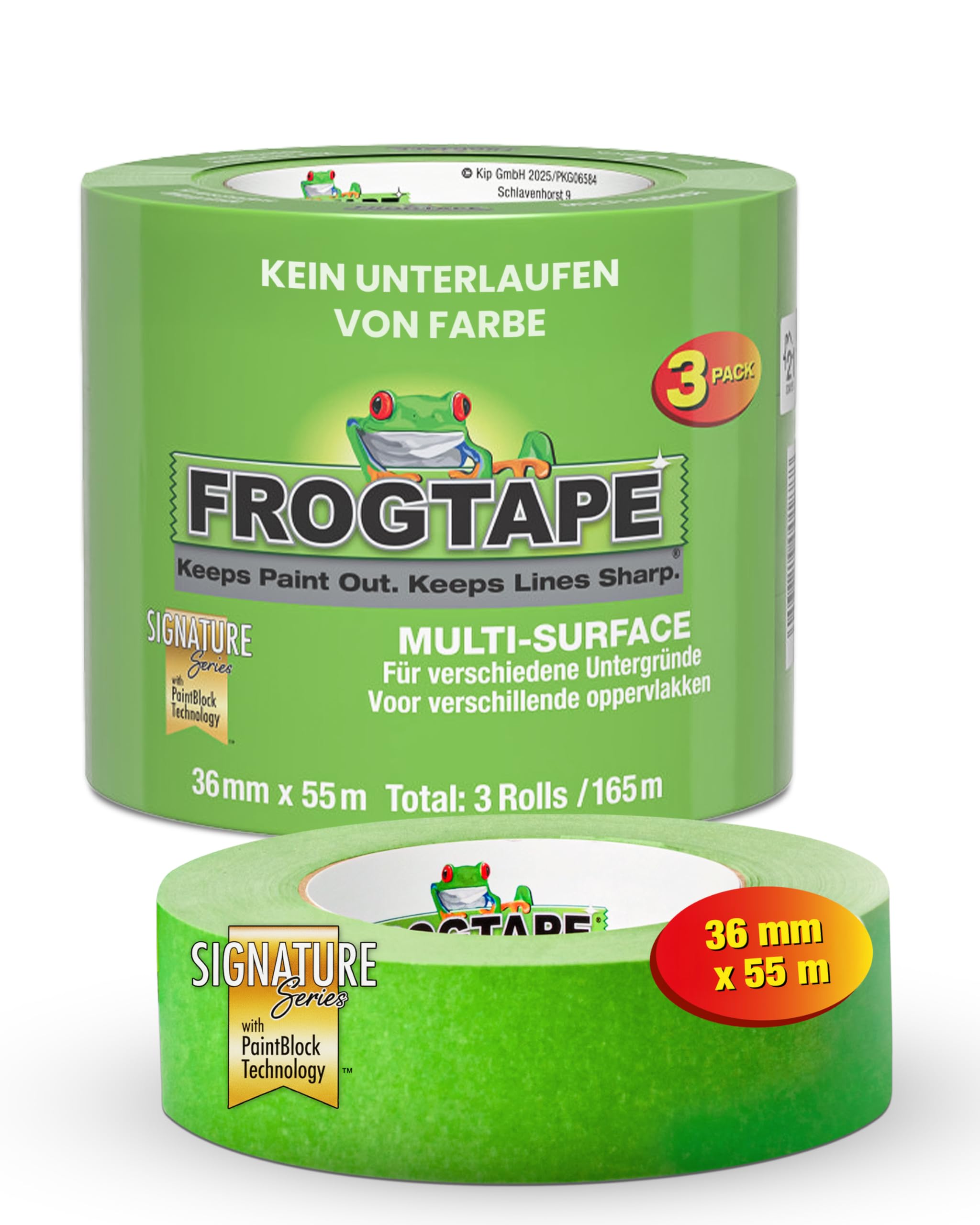 FrogTape Multi Surface Malerband Grün, 36mm x 55m, 3er Set | PaintBlock, viele Untergründe, Holz Glas Metall, Malerkrepp, scharfe Kanten