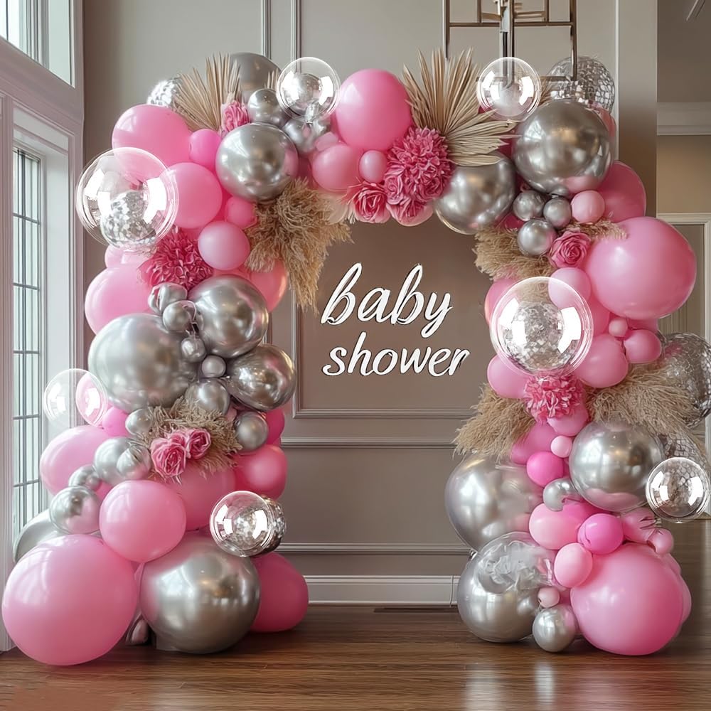 Red White Balloon Garland DOUBLE STUFFED Pink and Silver Balloons Different Size for Birthday Baby Shower Fall Halloween Thanksgiving Party Decoration