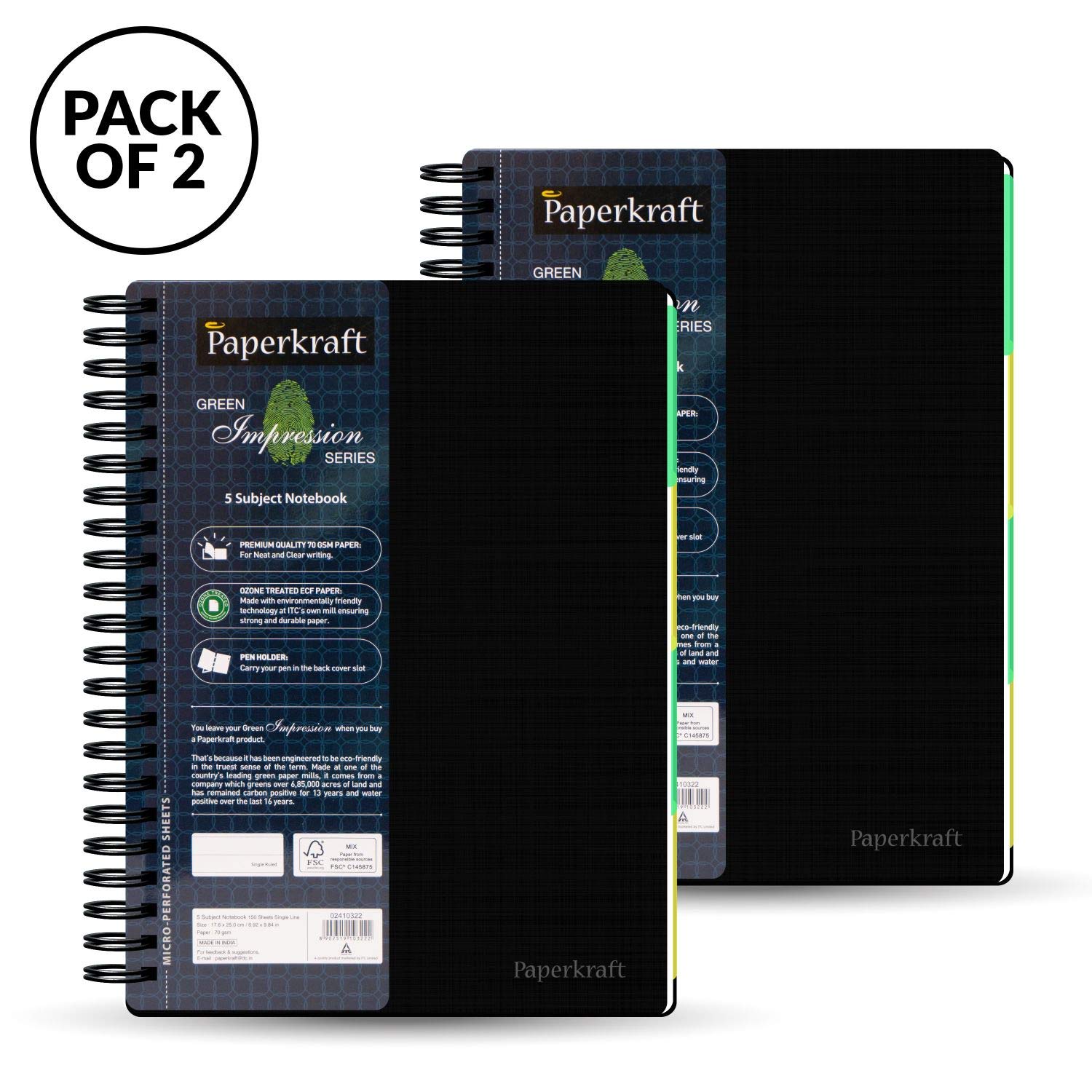 Paperkraft Green Impression, 5 Subject College Ruled Spiral Wirebound Notebooks, Eco-Friendly Paper, 150 Sheets, B5 (9.8" x 6.9") - 2 Pack