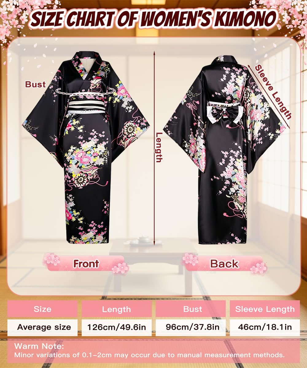 Geisha Yukata Japonés, Robe Kimono Mujer con Horquilla, Abanico Plegable y Bolsa, Albornoz Tradicional Japonés para Cosplay y Carnaval