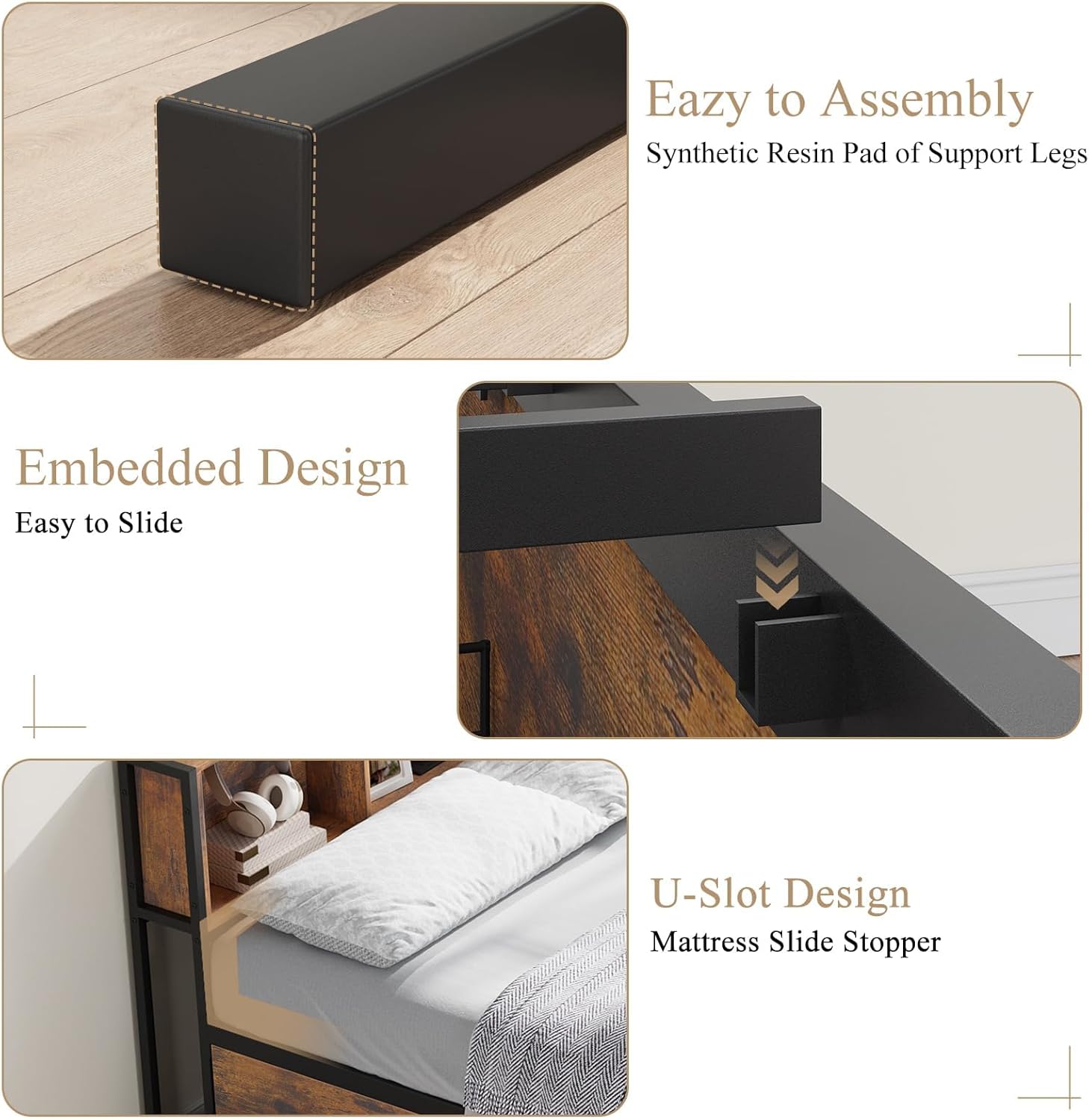 Full Corner Bed Frame with Storage Bookcase and Desktop, Daybed with Charging Station & 2 Storage Drawers, Full Size U-Shaped Metal Platform Bed for Teen & Kids, Bedroom, Living Room, Vintage Brown