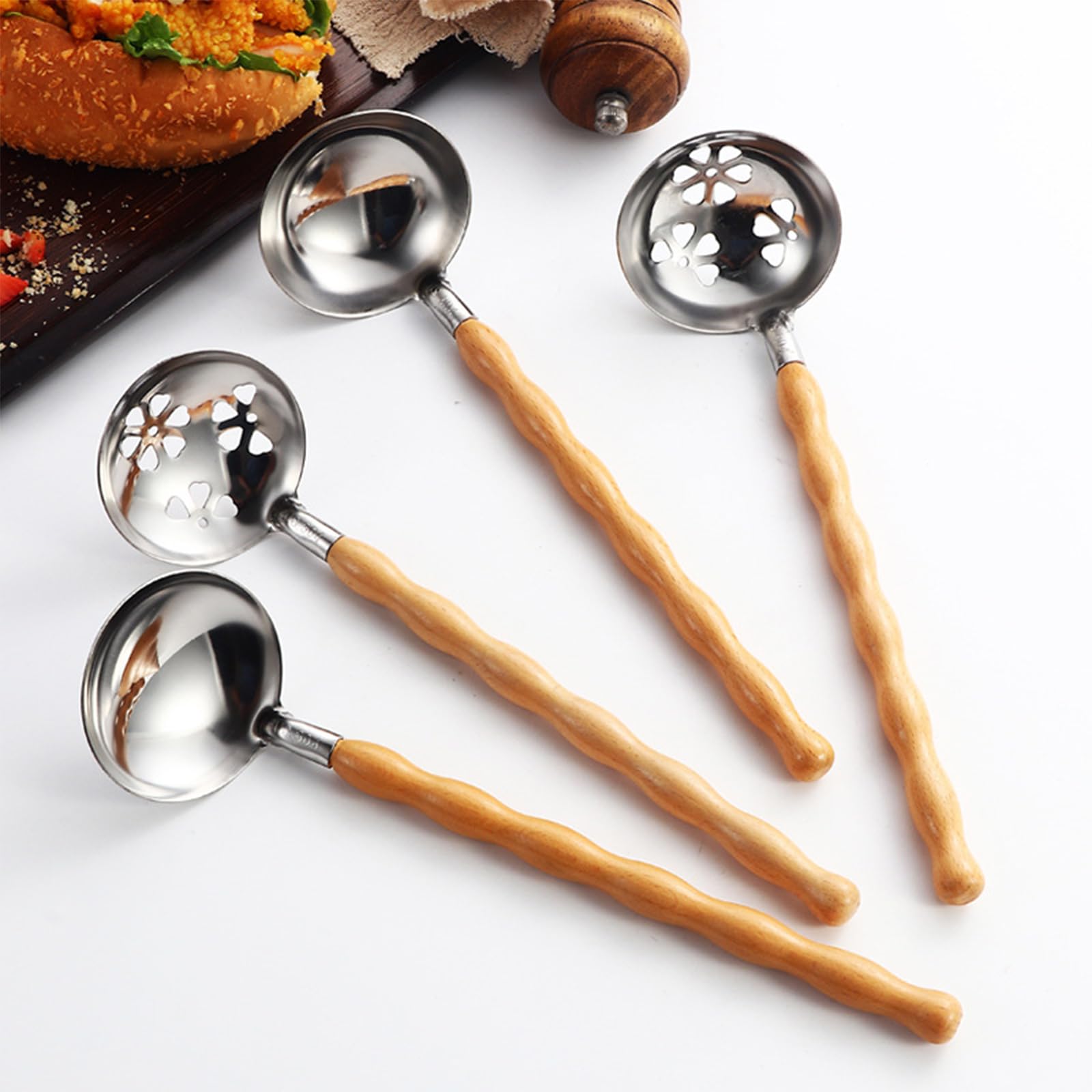 10-teiliges rostbeständiges Edelstahl Küchenwerkzeug Set, Naturholzgriff, Kochutensilien für sicheres, gesundes Kochen, ergonomisches Utensilien Set