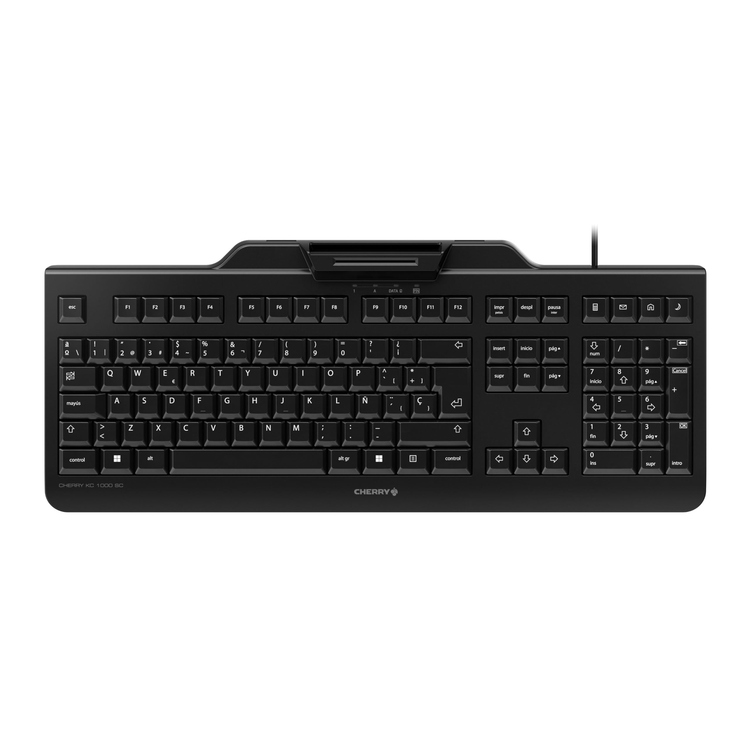 CHERRY KC 1000 SC, Teclado de Seguridad con Cable y Terminal de Tarjeta Chip Integrado, Distribución de Teclado Español QWERTY, Ángel Azul, Negro