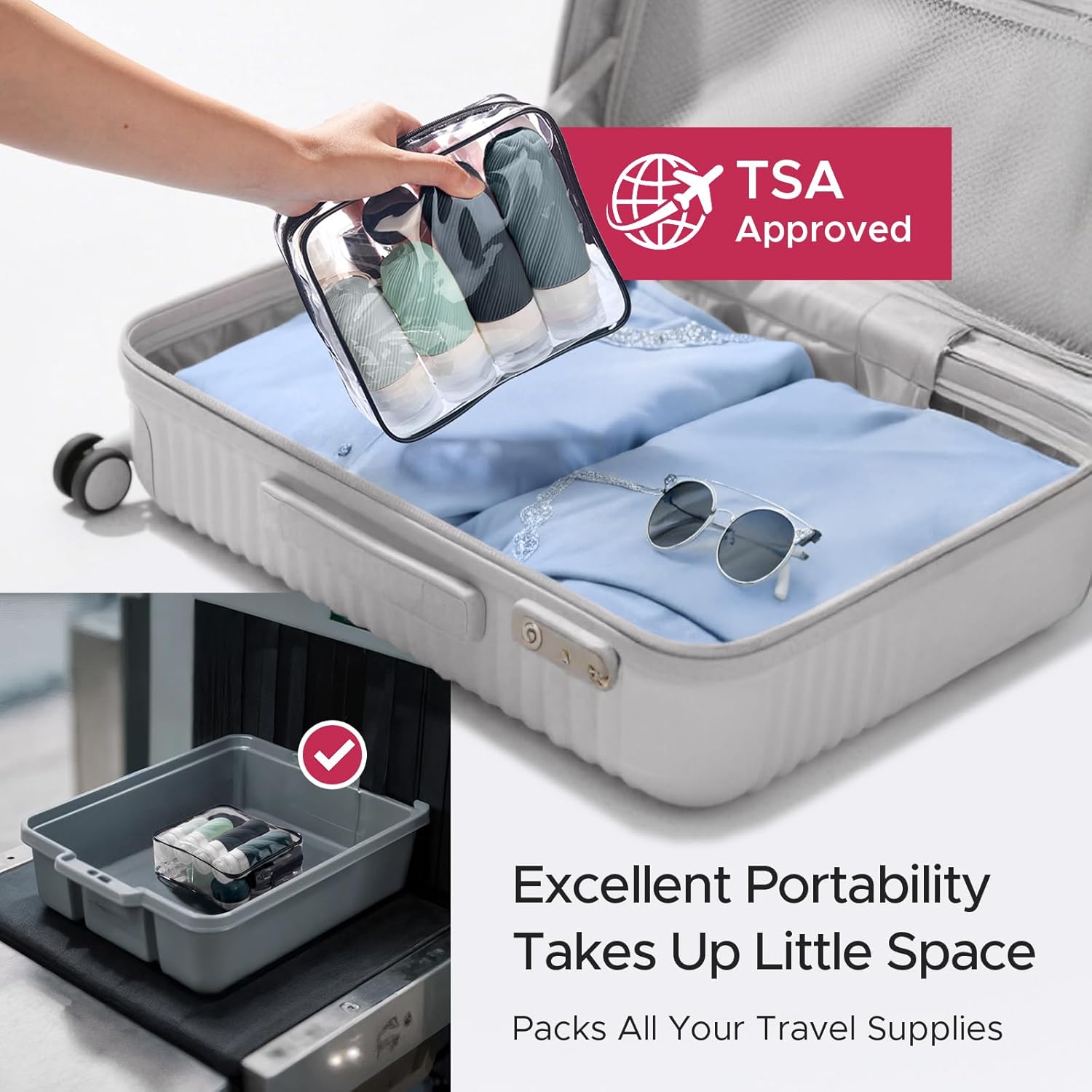 LitBear 23 Pack TSA Approved Travel Bottles for Toiletries, Leak Proof Refillable Travel Size Containers Kit with Silicone Squeezable Bottles Jars for Shampoo Lotion Conditioner, in Clear Bag, Gray - Image 6