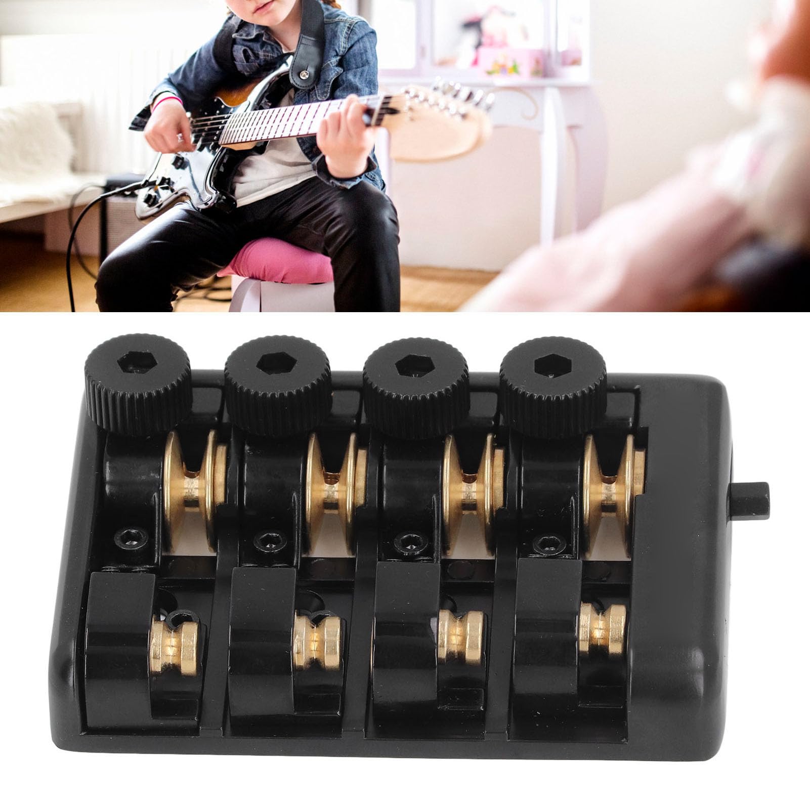 Tbest Puente de bajo eléctrico sin cabeza de 4 cuerdas, repuesto compatible de aleación de zinc con cerradura para guitarra eléctrica (negro)