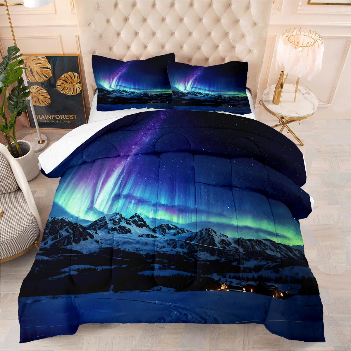 AUCOOMA King Size Comforter Set Aurora Borealis View Comforter Set Girls Boys Kids Comforter Bedding Set (King Size)