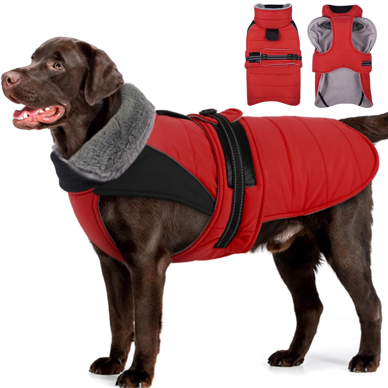 MIGOHI Warm Large Dog Coat, Waterproof Dog Winter Jacket, RedBlack, XXL