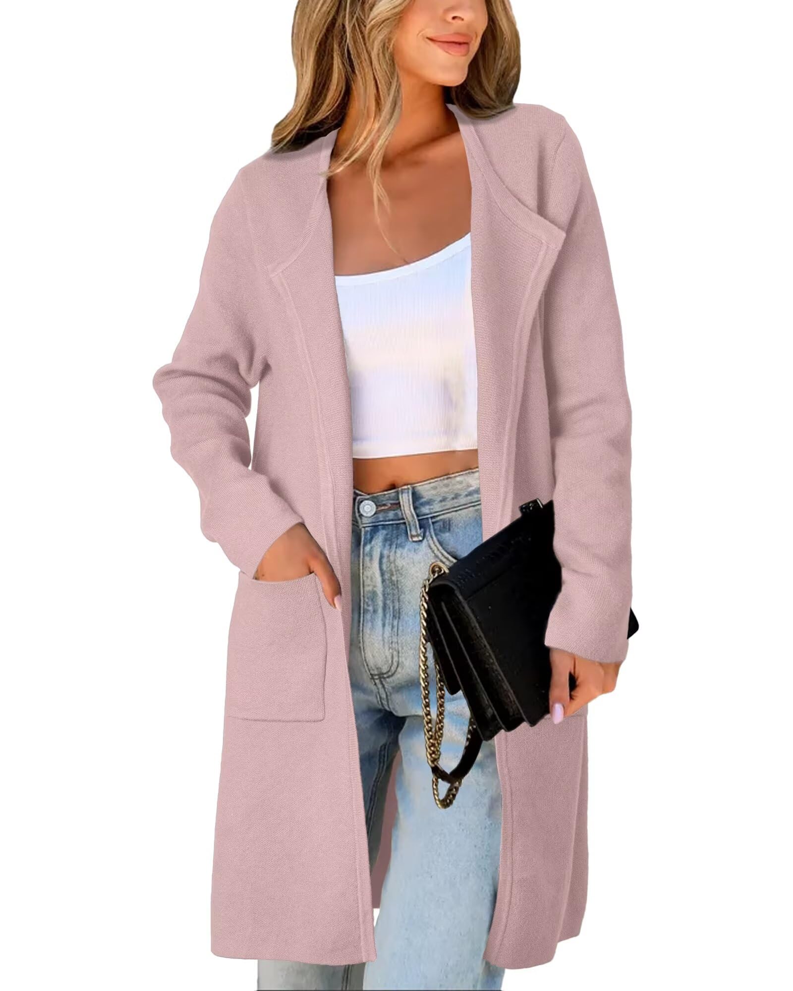 Womens Open Front Cardigan Sweater Long Sleeve Casual Knit Lapel Coatigan Coat