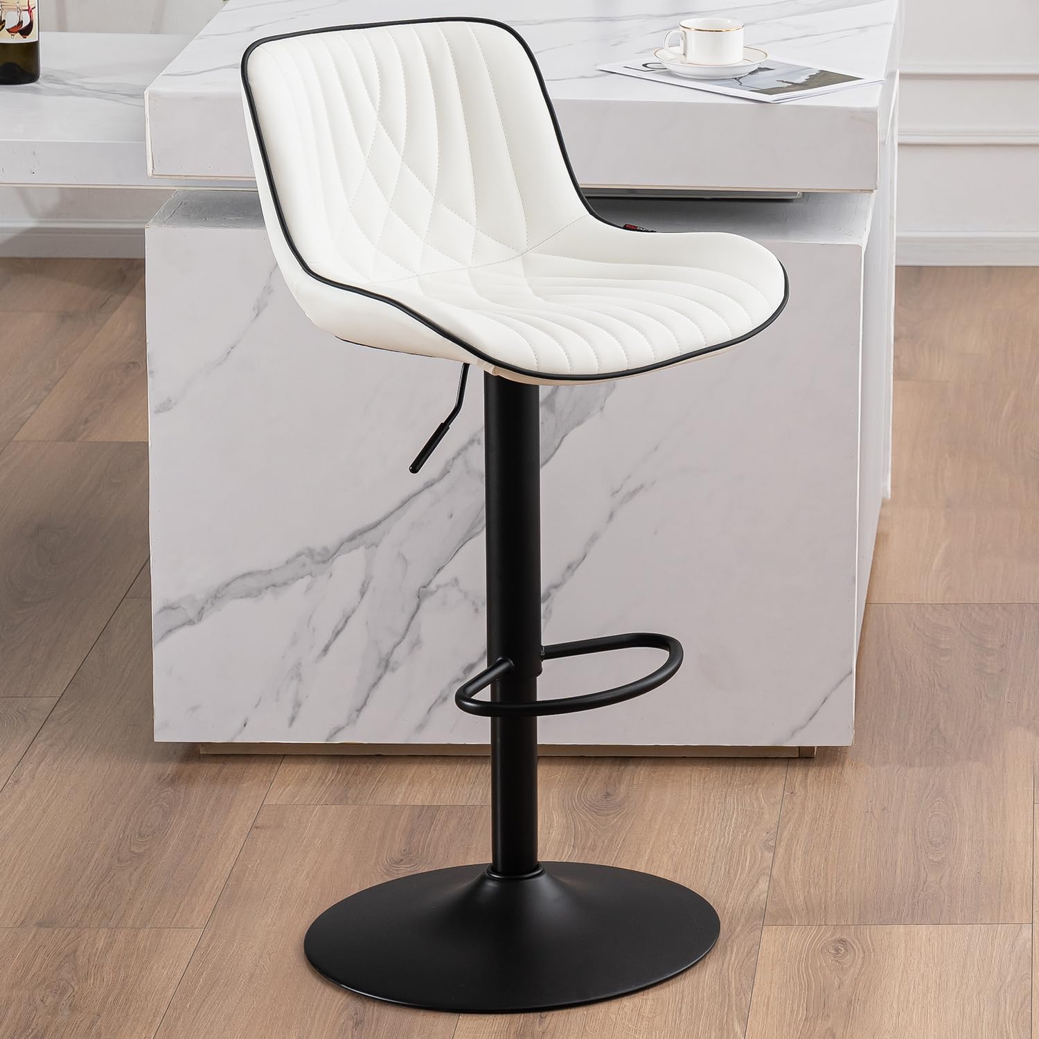 YOUTASTE Bar Stool with Backrest, Kitchen Stools Adjustable Height, Swivel Bar Chairs with Footrests for Kitchen Bar, 136 kg, White