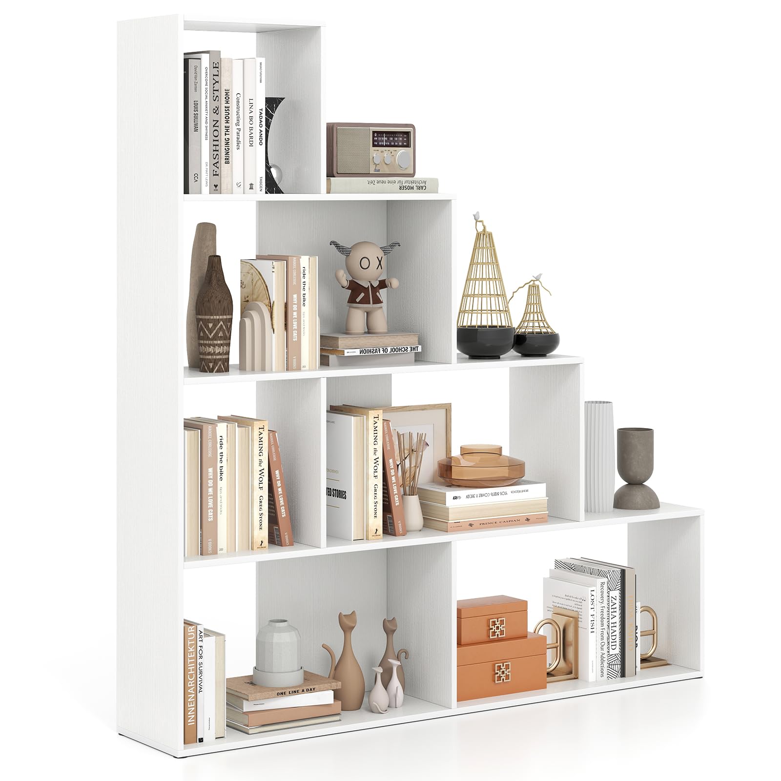 Tangkula 4-Tier Stepped Bookshelf, Freestanding 6 Cubes Ladder Bookcase with Anti-Tipping Kits, 64" Tall Modern Wooden Storage Display Rack for Home