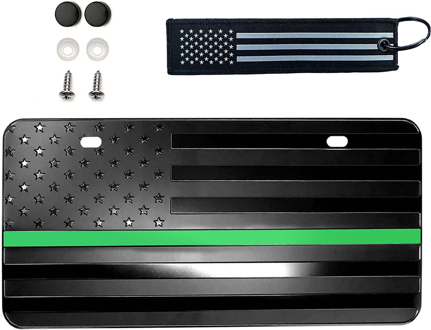 American Black USA Military Army Sheriffs Border Patrol Armed Forces Support Honoring Embossed 3D Flag Aluminum 2 Hole Novelty License Plate, Patriotic Textile US Flag Keychain (Green LINE)