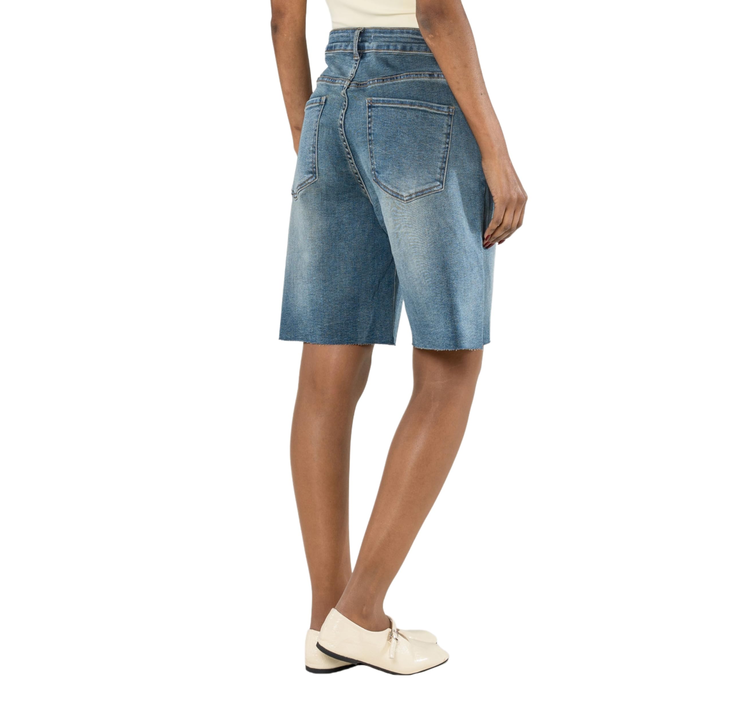Nina Carter Short en jean pour femme P619 – Bermuda long en denim, coupe ample, ourlet effiloché, short d'été en jean stretch pour femme
