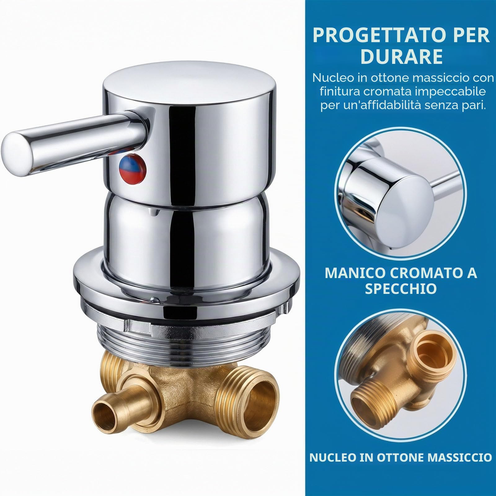 Rubinetto Doccia in Ottone Cromato a Montaggio a Parete – Miscelatore Bagno Incastonato con Controllo Acqua Calda/Fredda (Intubation)