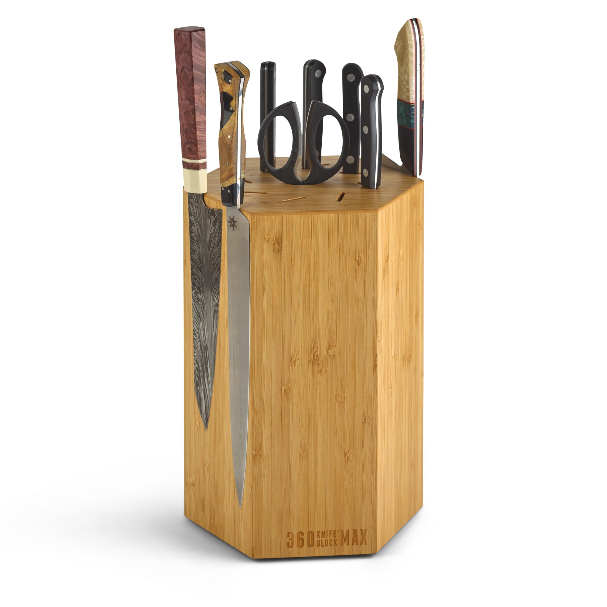 360KB MAX ™ - magnetic rotating knife block - w/top slots, capaciy for 20+ knives - largest in the 360 Knife Block ® family. (Honey Bamboo)