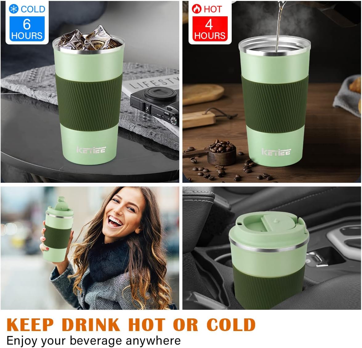 KETIEE 510ml Insulated Travel Mug With Leakproof Lid - Double Walled Stainless Steel Cup for Hot and Cold Drinks - Green - Image 3