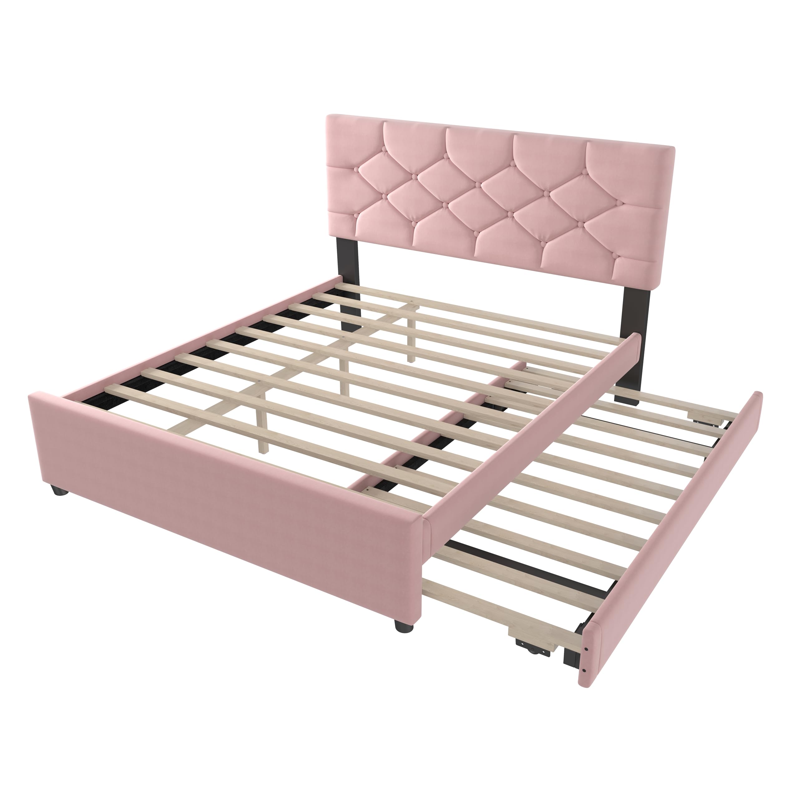 Soweiz Letto imbottito 140 x 200 cm, letto imbottito con letto estraibile, letto con rete a doghe (senza materasso), letto con contenitore arrotolabile, velluto, minimalista (rosa)