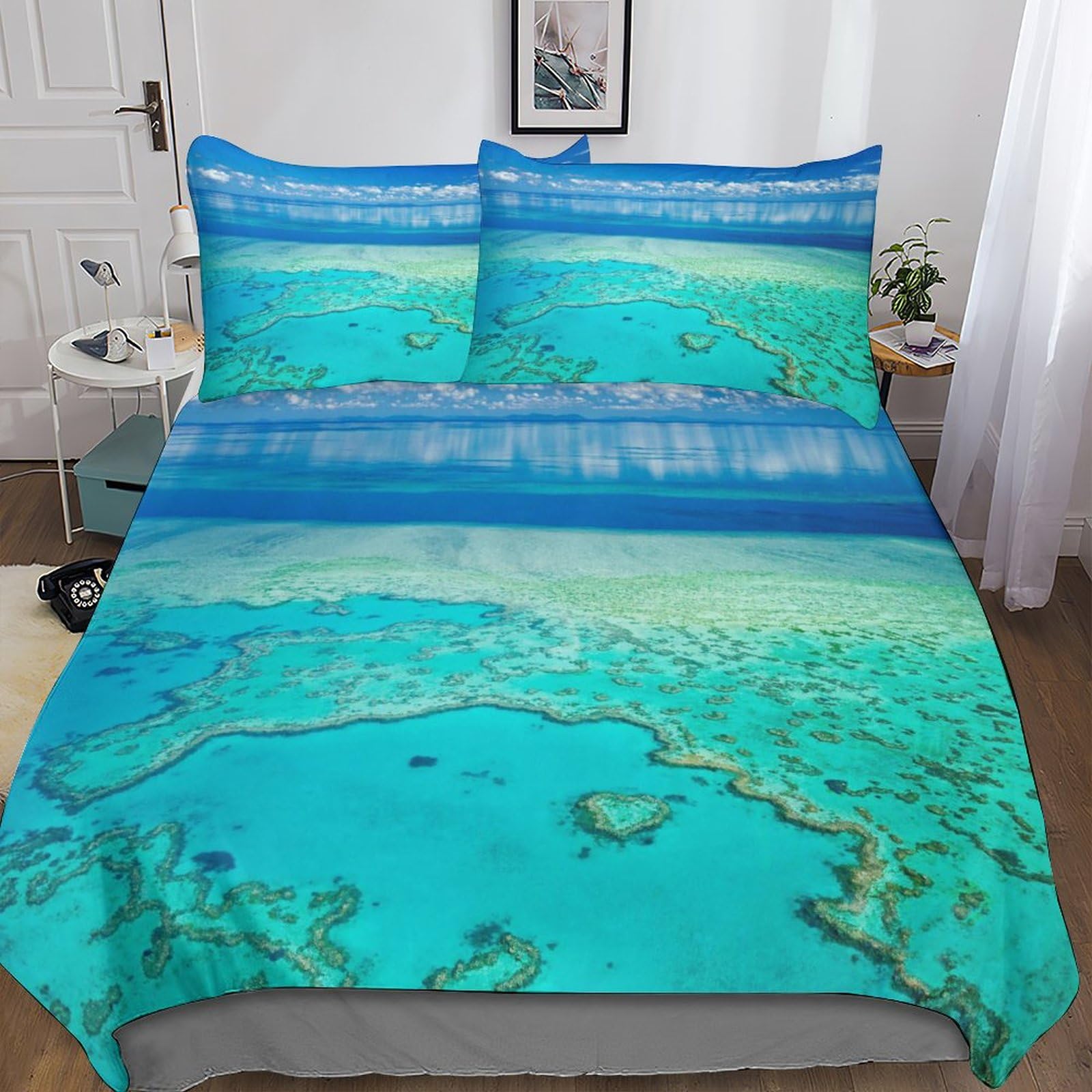 Housse de couette océan 3D et parure de lit corail King pour une ambiance de chambre relaxante