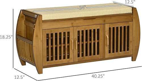 Miniatura 3 de HOMCOM Banco de zapatos con armarios de almacenamiento, banco de entrada de bambú con cojín de asiento, 3 puertas, estante lateral y compartimento