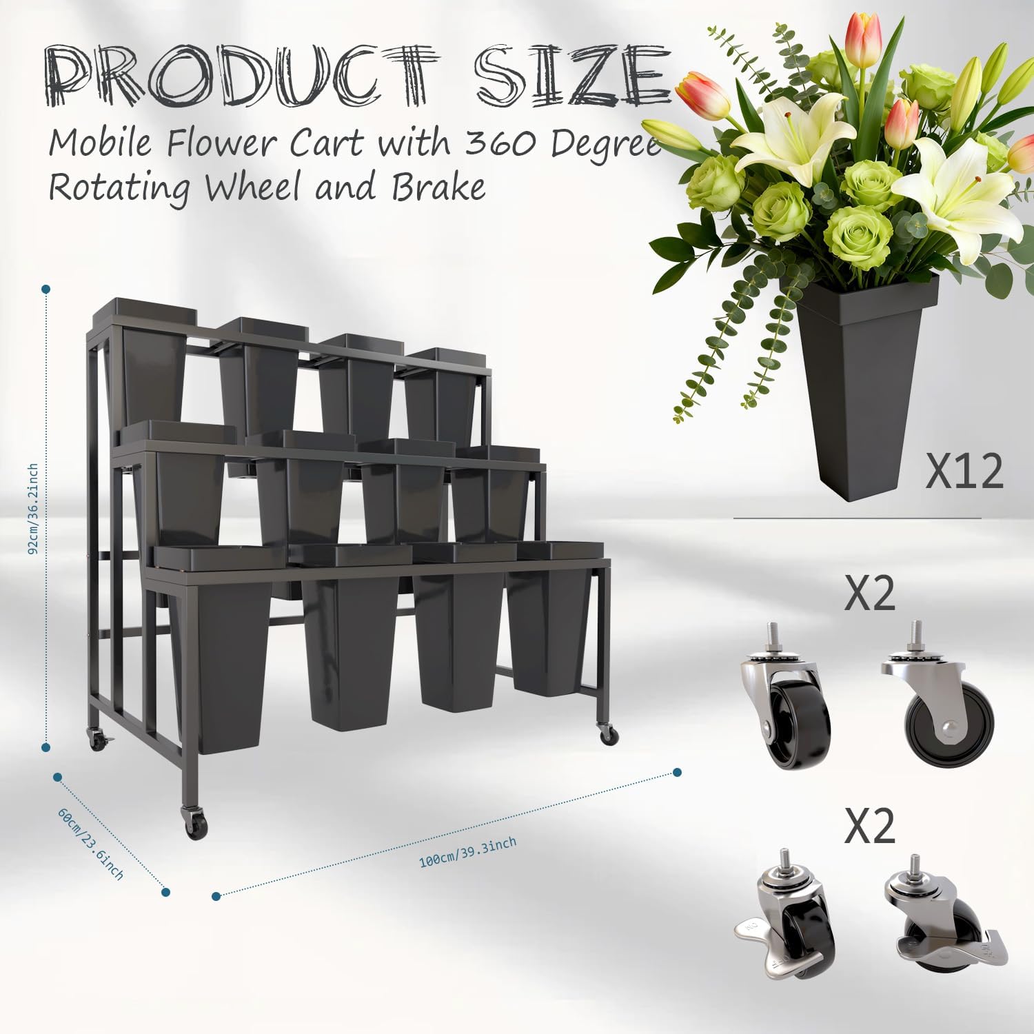 Three-layer Heavy-duty Metal Flower Bar Stand, Flower Cart Display Stand with 12 Flower Barrels and Wheels, Wedding Decoration,and Flower Shop Display image 5